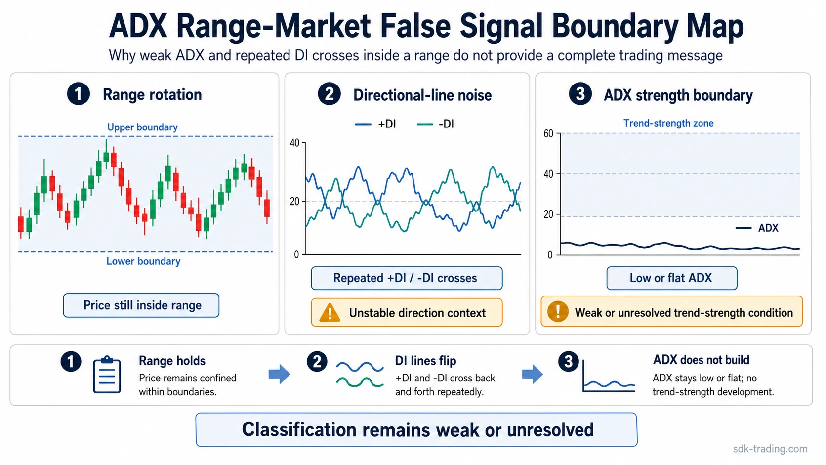 ADX range-market diagram showing repeated +DI and -DI crosses while ADX stays low or flat