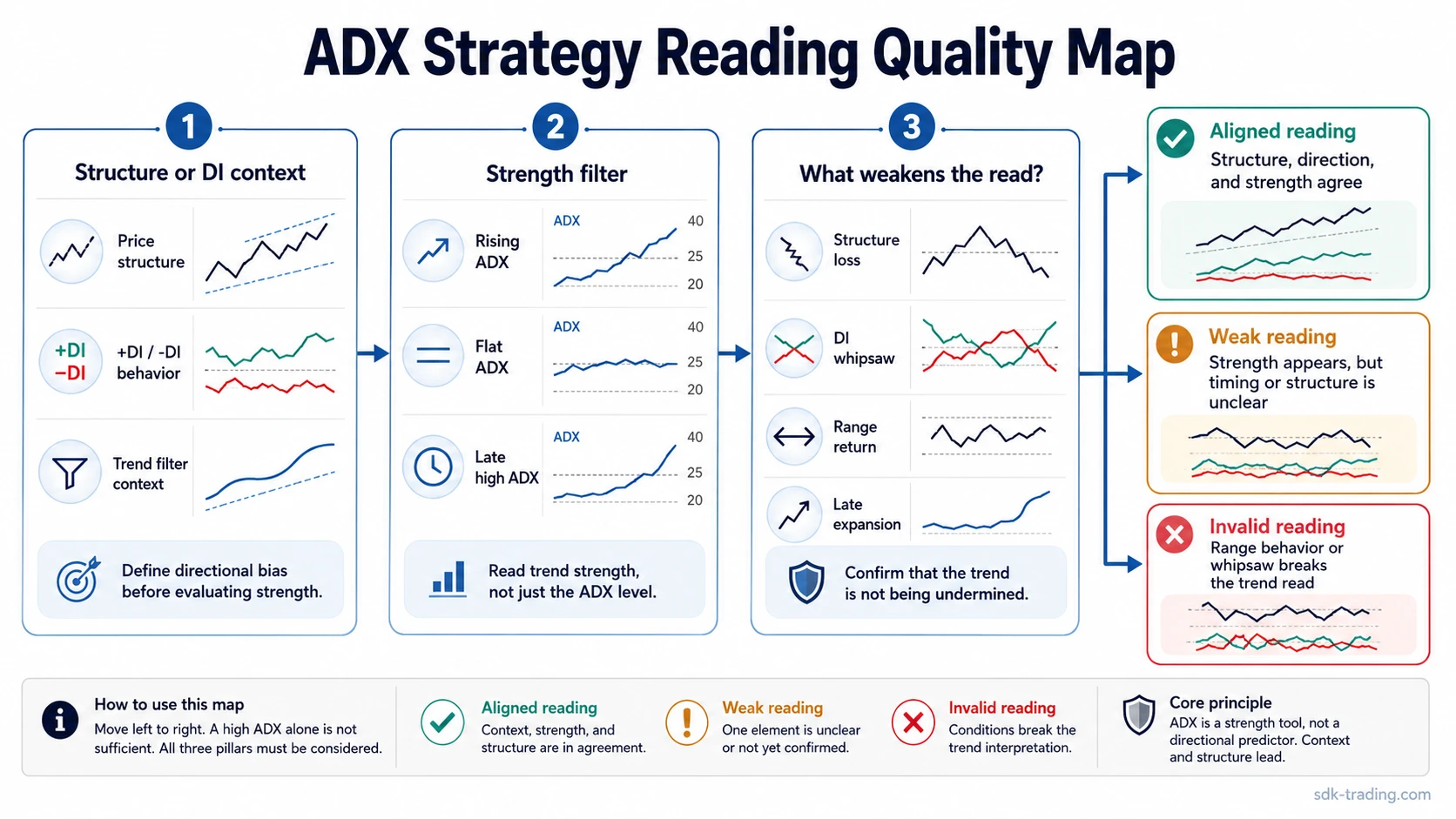 ADX strategy decision map showing directional context, ADX strength, failure checks, and aligned, weak, and invalid readings