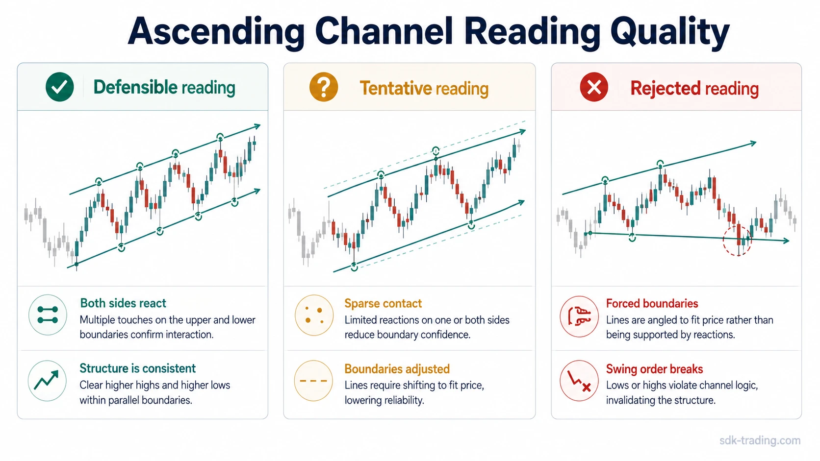 Ascending channel reading quality comparison with defensible, tentative, and rejected structures