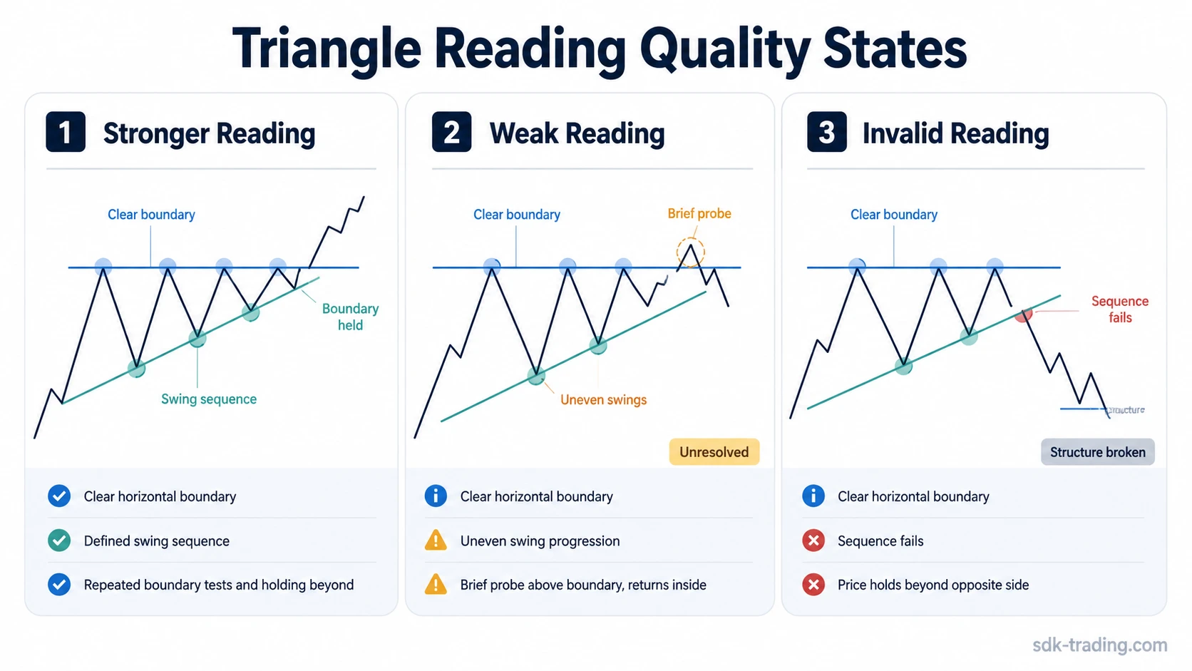 Three-card diagram showing stronger, weak, and invalid triangle readings using boundary behavior and swing-sequence changes.