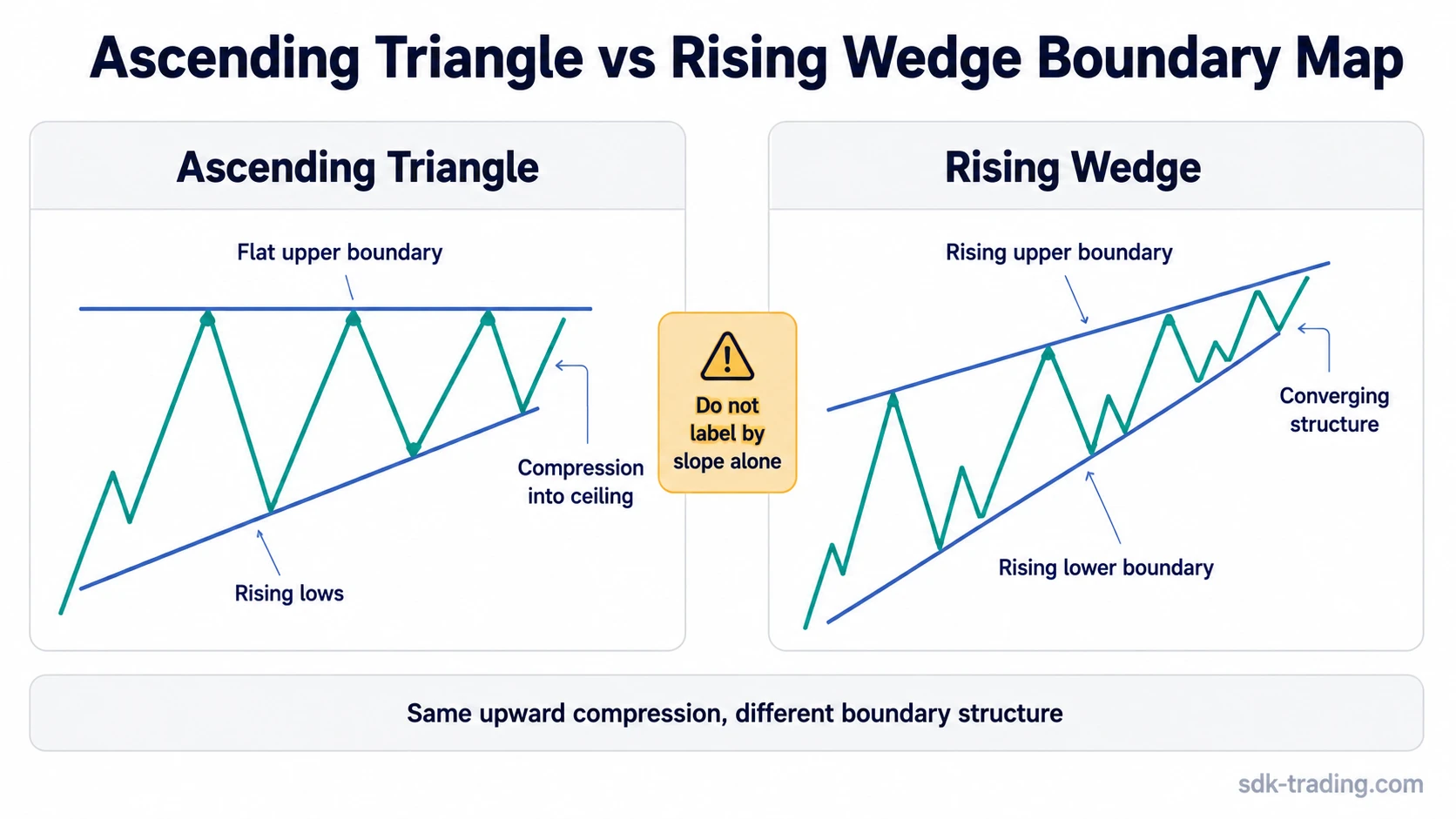 Side-by-side line-chart comparison of an ascending triangle with a flat upper boundary and a rising wedge with converging rising boundaries.