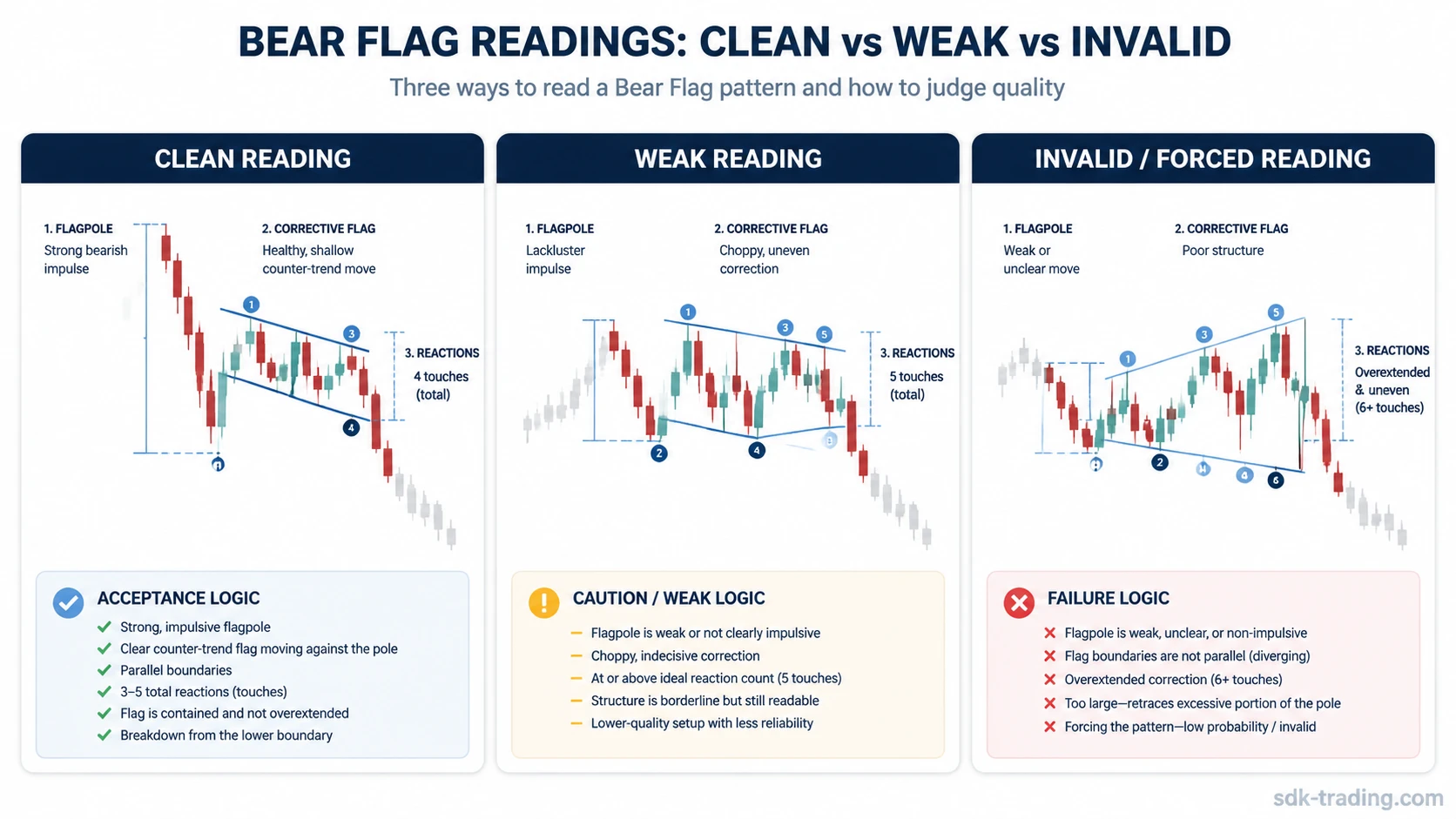 Comparison of three Bear Flag readings: clean, weak, invalid; highlights boundary quality and acceptance/failure