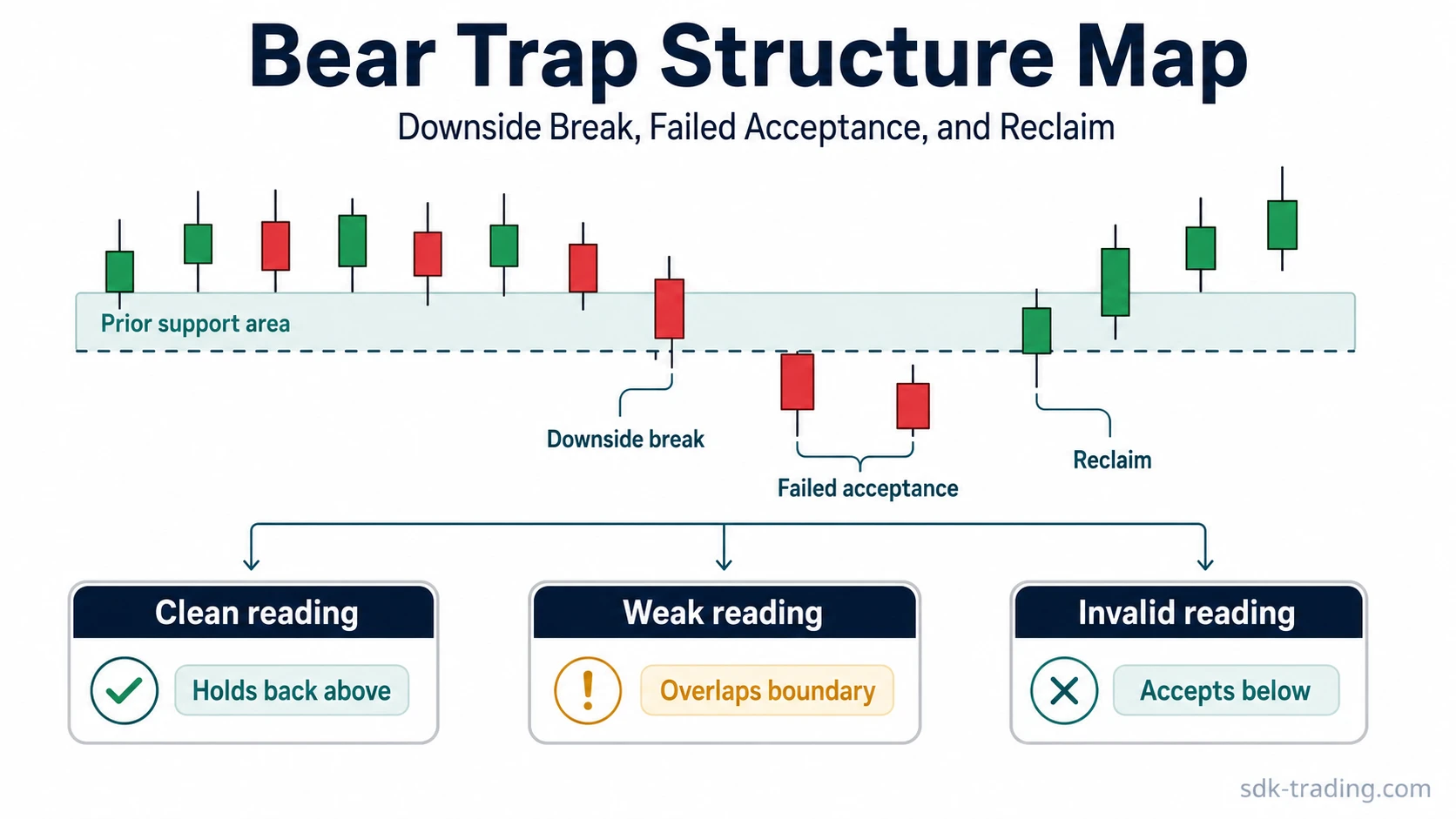 Bear trap structure map showing a downside break below support, failed acceptance, reclaim, and clean, weak, or invalid outcomes.