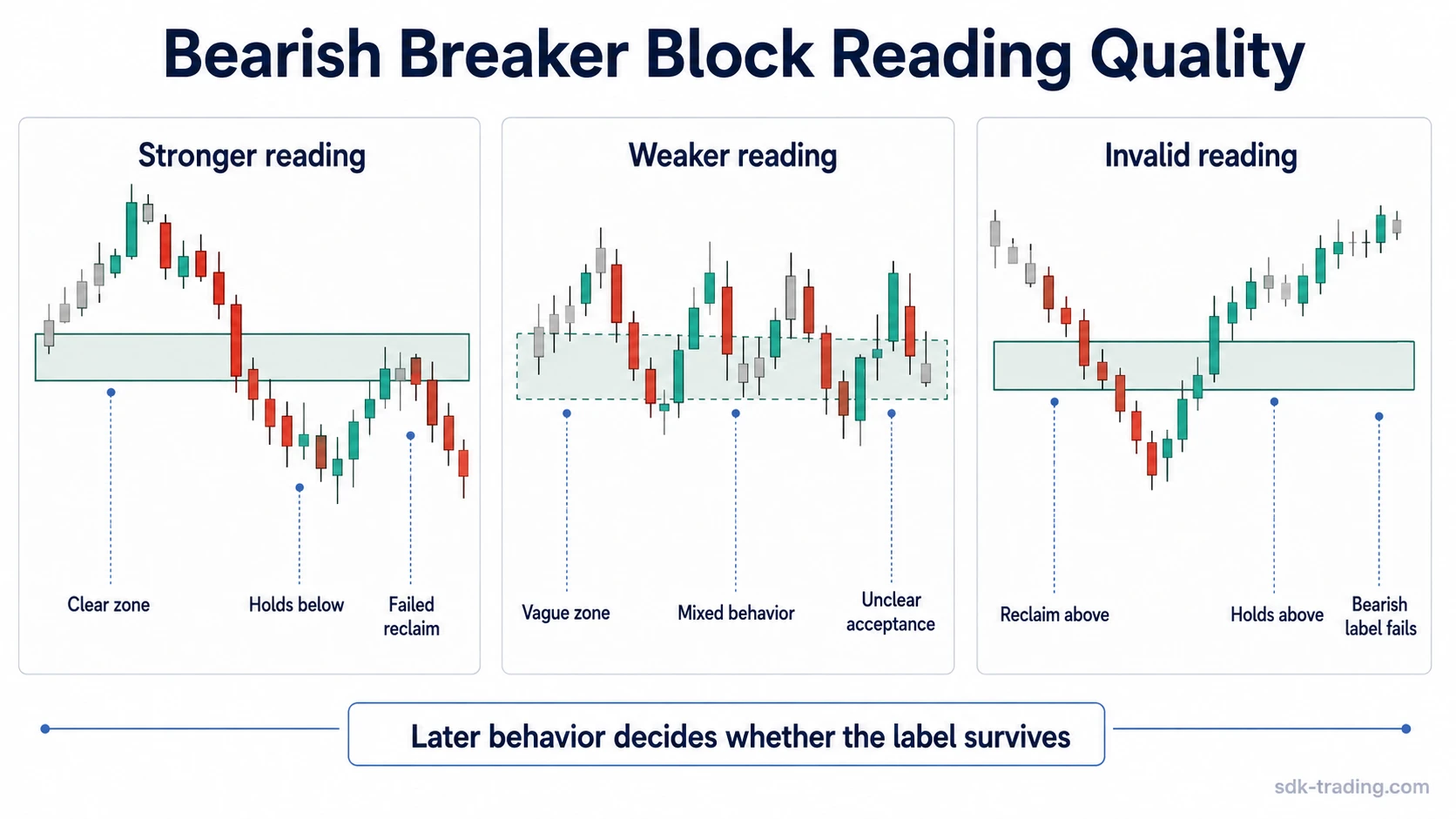 Three-panel diagram comparing stronger, weaker, and invalid bearish breaker block readings