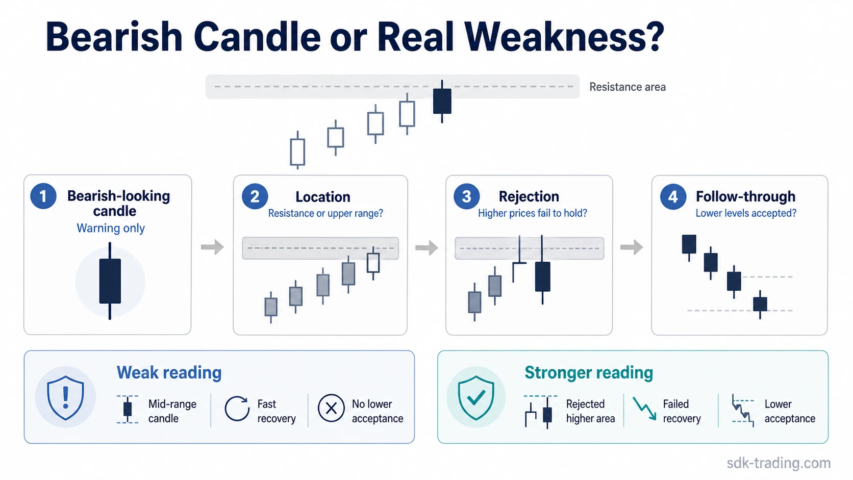 Bearish candlestick pattern route map showing location, rejection, failed recovery, and lower acceptance checks.