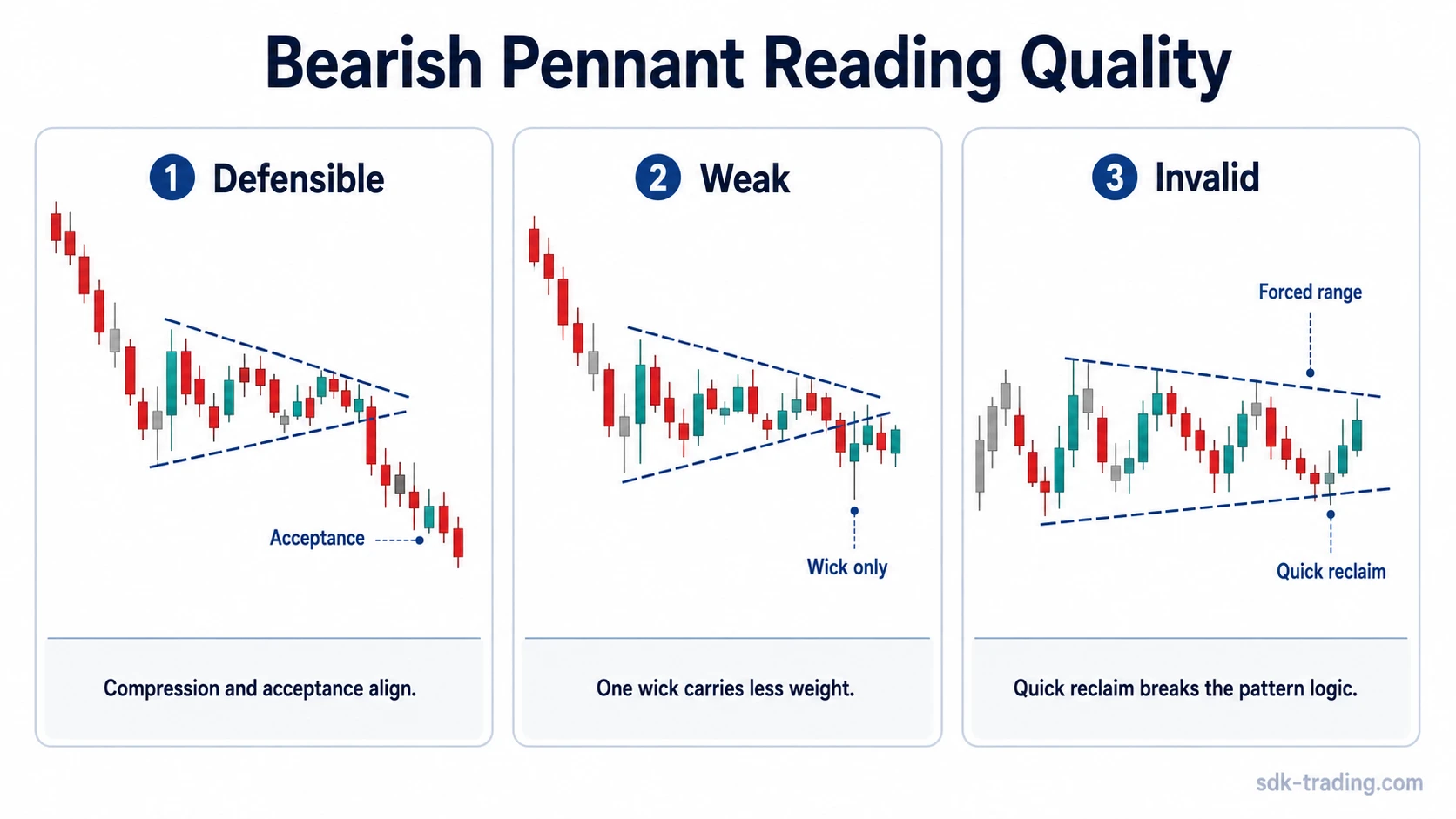 Three bearish pennant mini charts comparing defensible, weak, and invalid boundary behavior