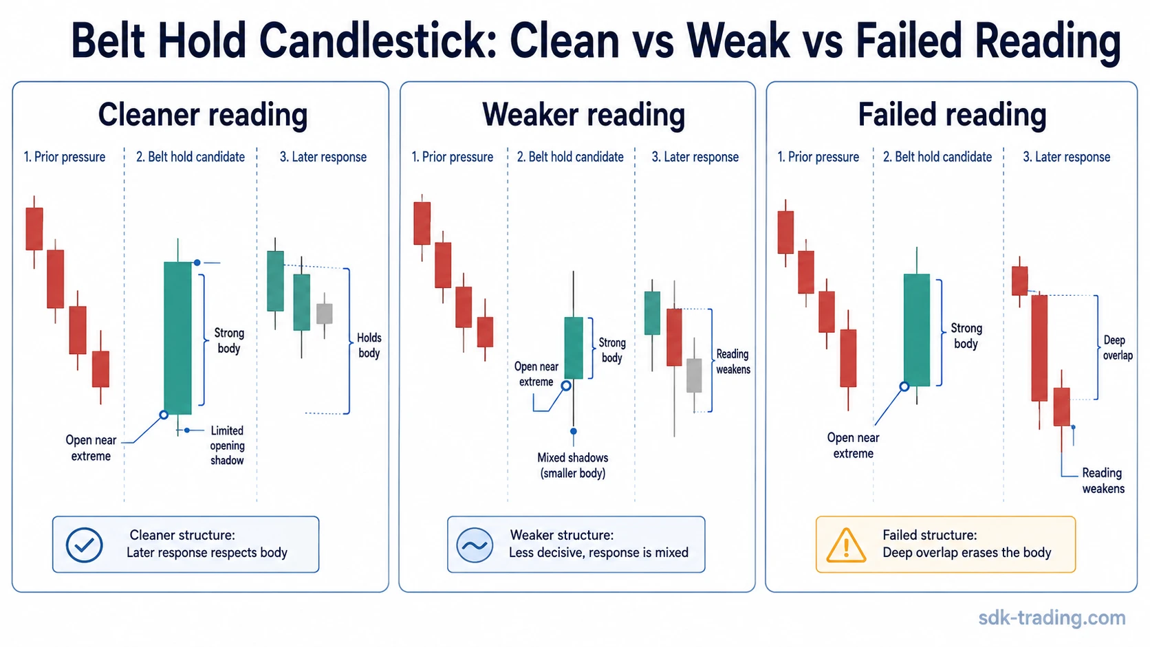Clean weak and invalid belt hold candlestick readings compared by open extreme body control and later overlap