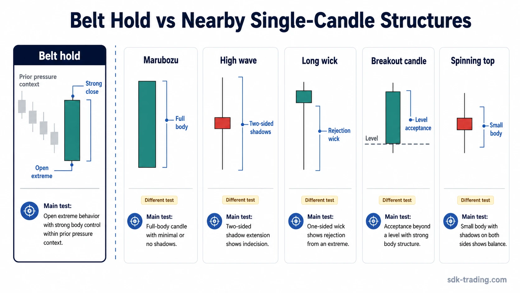 Belt hold candlestick compared with marubozu high wave candle long wick candle breakout candle and spinning top