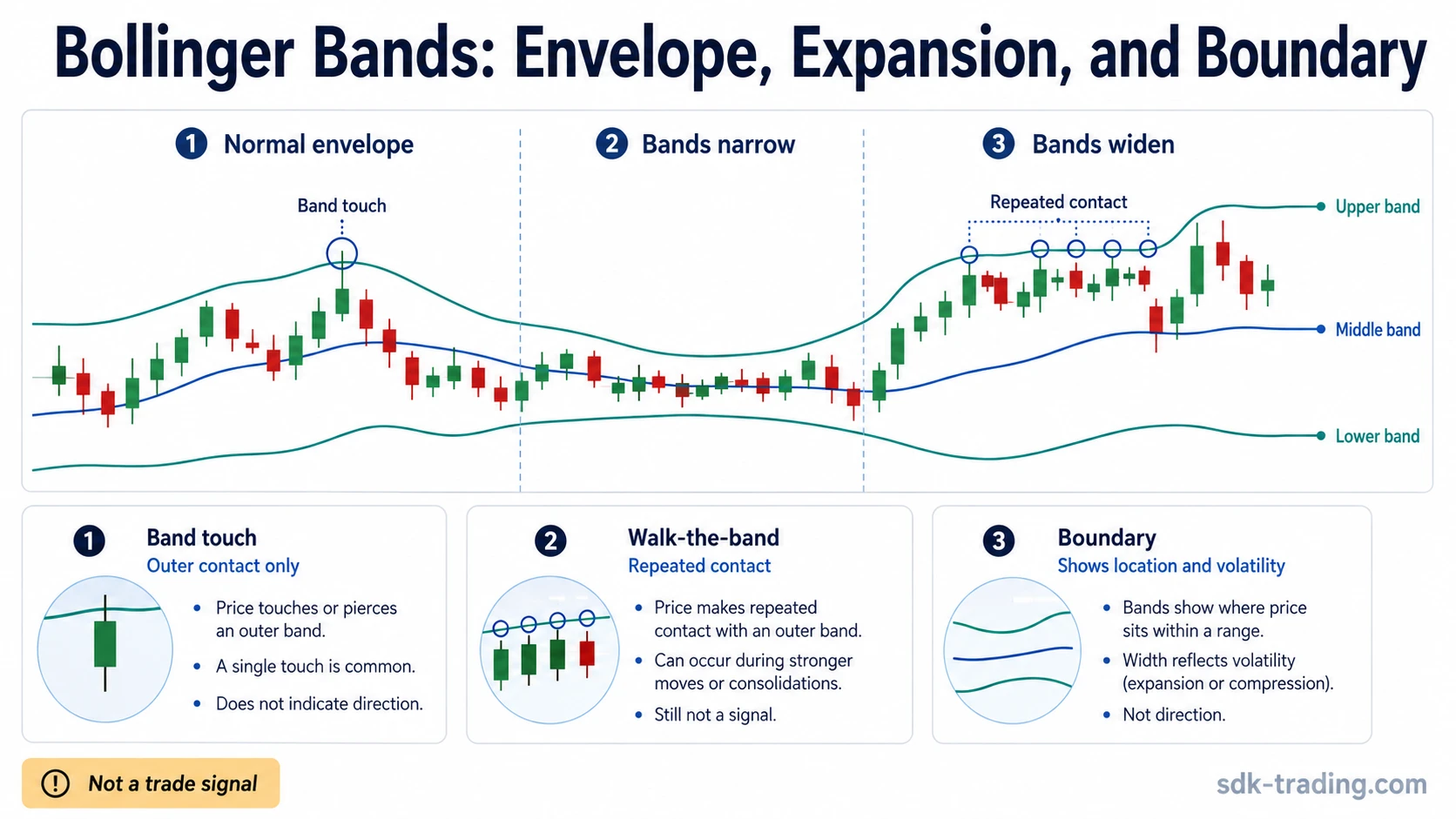 Bollinger Bands diagram showing upper, middle, and lower bands with narrowing, widening, band touch, and repeated outer-band contact
