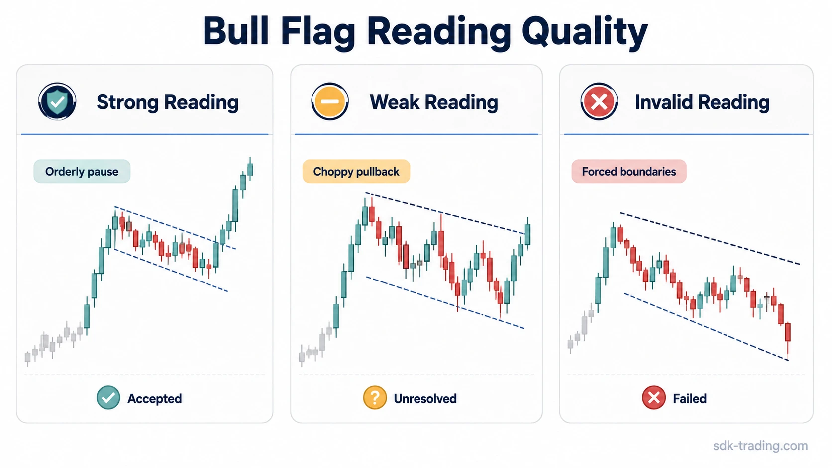 Three bull flag diagrams comparing a strong reading, weak reading, and invalid reading with different boundary and acceptance behavior.