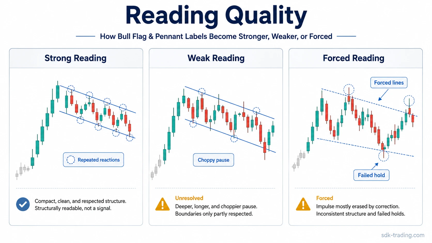 Three-panel candlestick diagram comparing strong, weak, and forced bull flag or pennant readings after a bullish impulse.