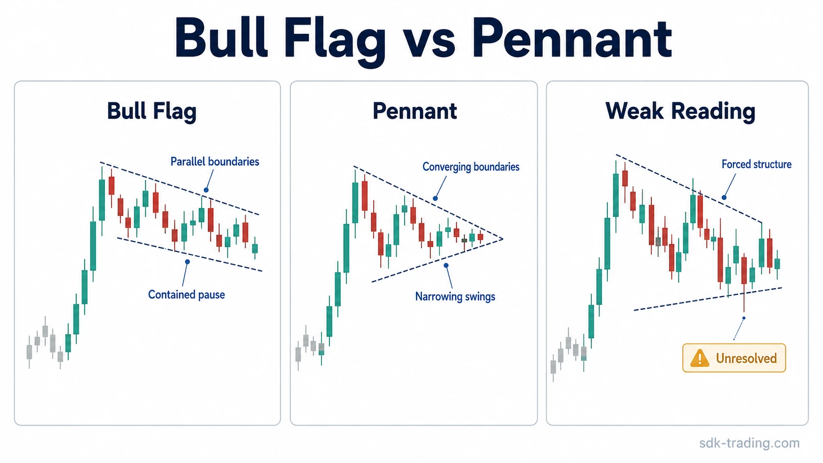 Three-panel candlestick diagram comparing a bull flag with parallel boundaries, a pennant with converging boundaries, and a weak reading with forced structure.