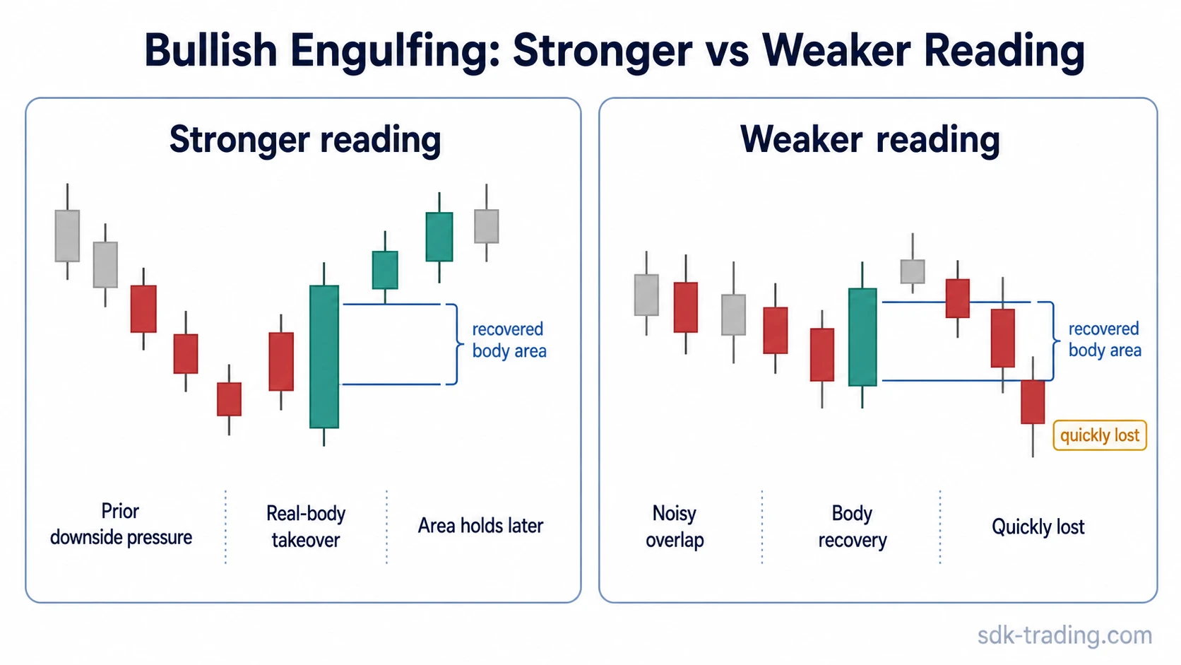Bullish engulfing comparison showing a stronger reading where the recovered body area holds and a weaker reading where it is quickly lost