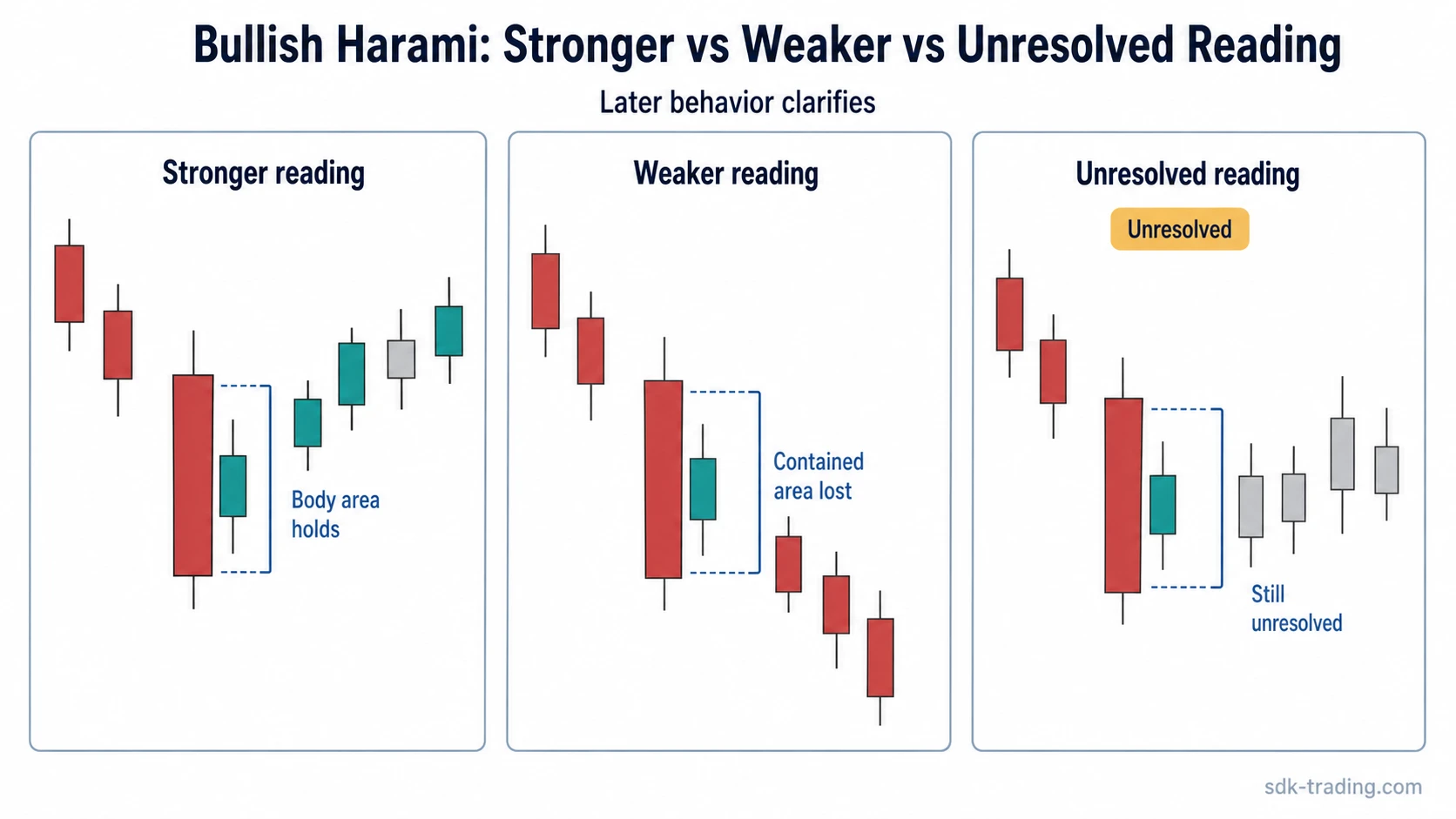 Bullish harami stronger, weaker, and unresolved readings based on later candles around the contained body area