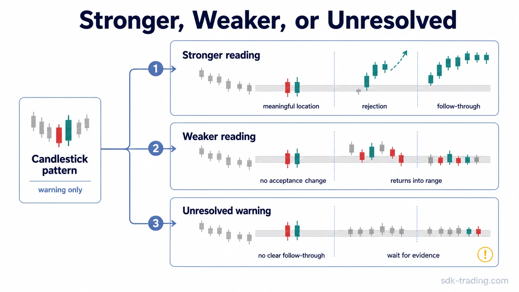 Candlestick pattern reliability diagram comparing stronger, weaker, and unresolved readings after a pattern appears