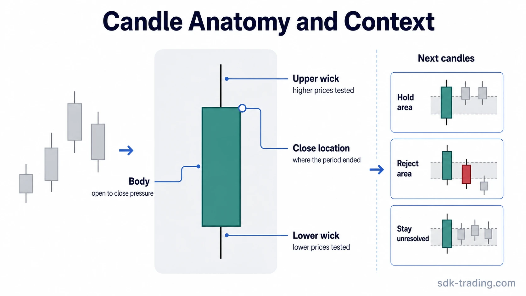 Candle anatomy diagram showing body, wick, close location, and next candle response