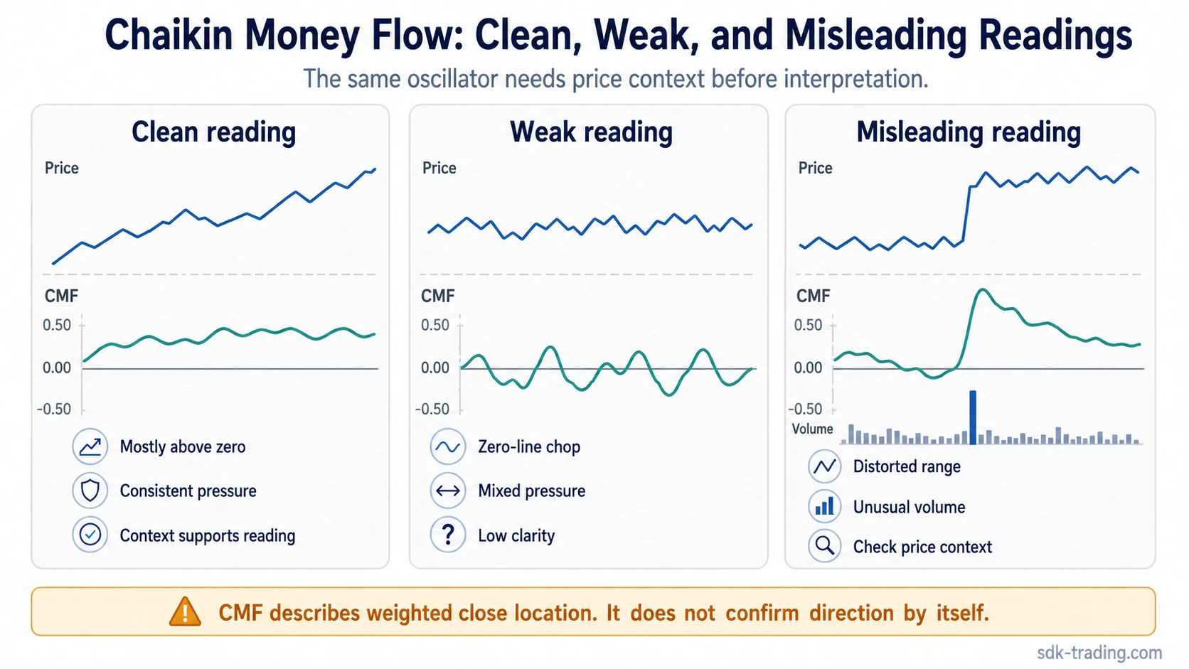 Chaikin Money Flow comparison showing clean, weak, and misleading CMF readings around the zero line