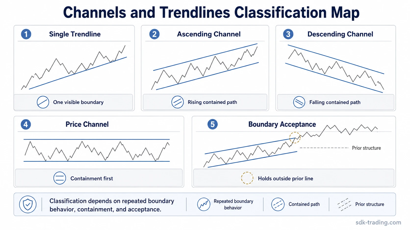 Simplified chart diagrams comparing a trendline, ascending channel, descending channel, price channel, and boundary acceptance.