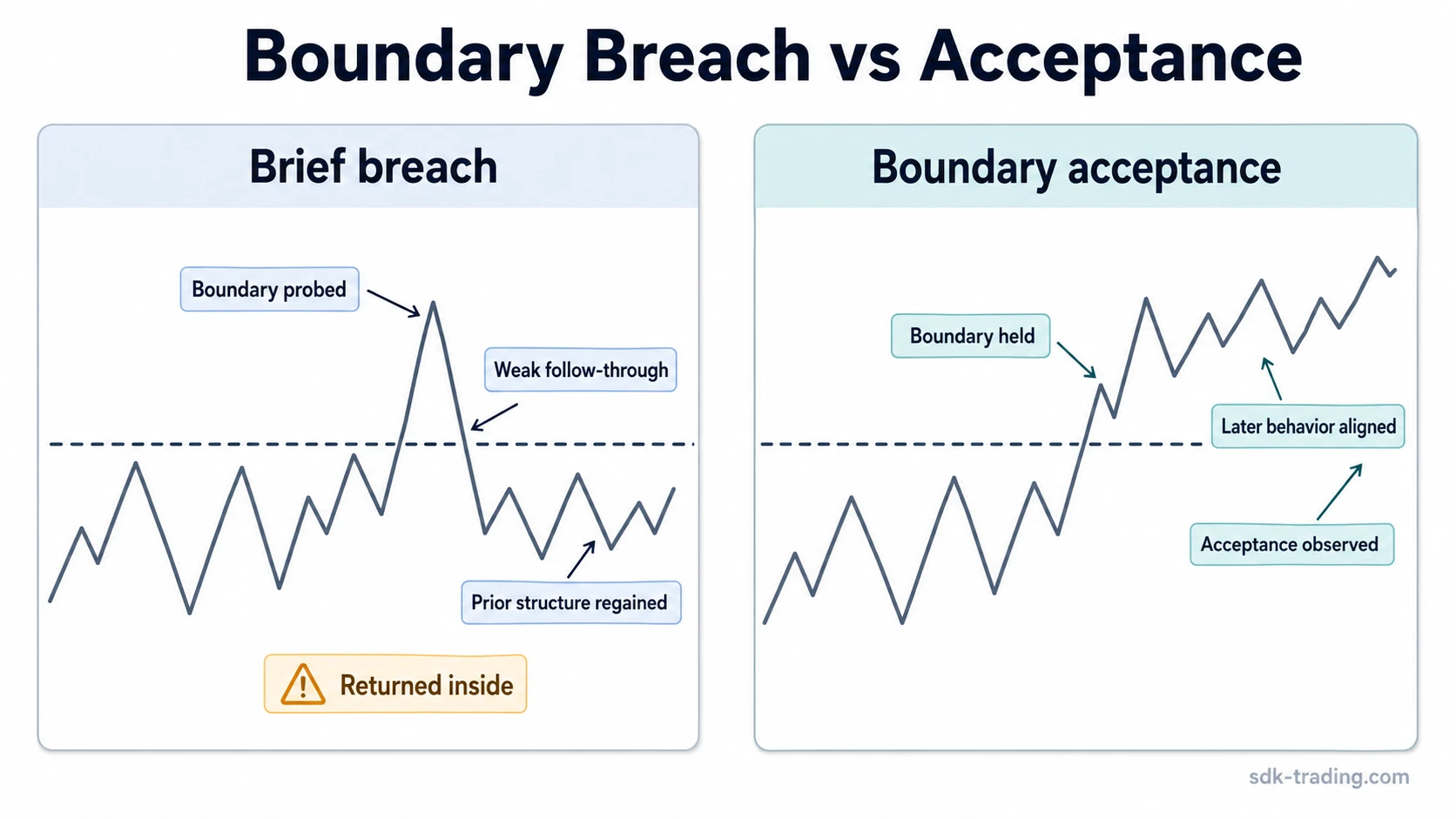 Two-panel chart diagram comparing a brief pattern boundary breach with later boundary acceptance