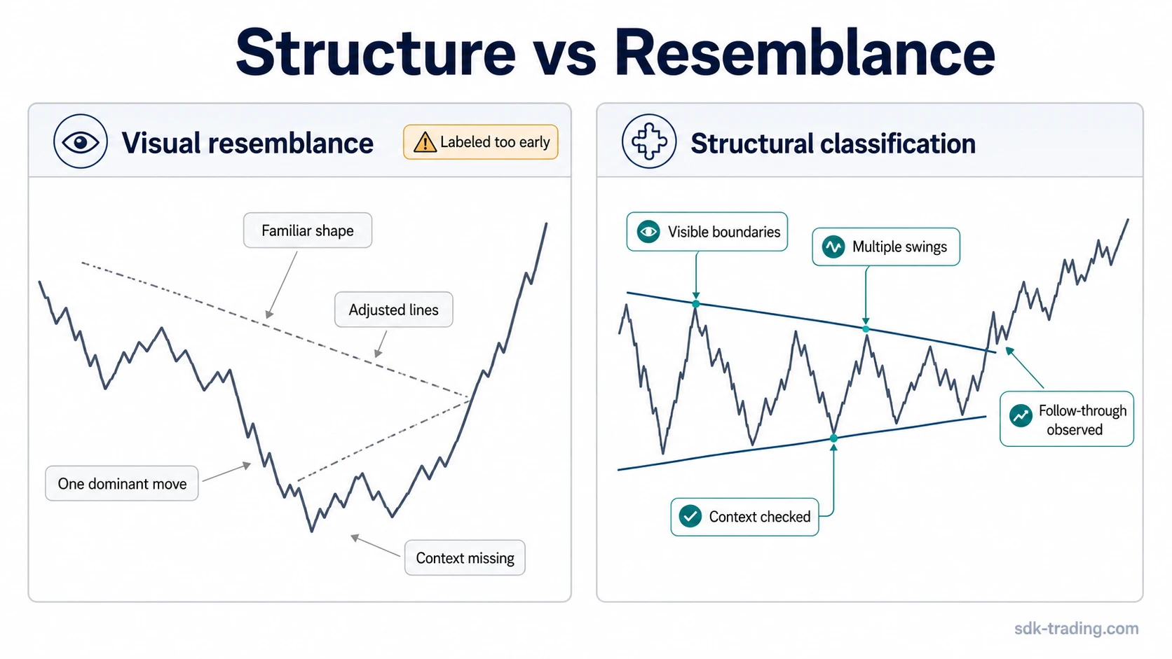 Side-by-side chart diagram comparing visual resemblance with structural classification in chart pattern mistakes