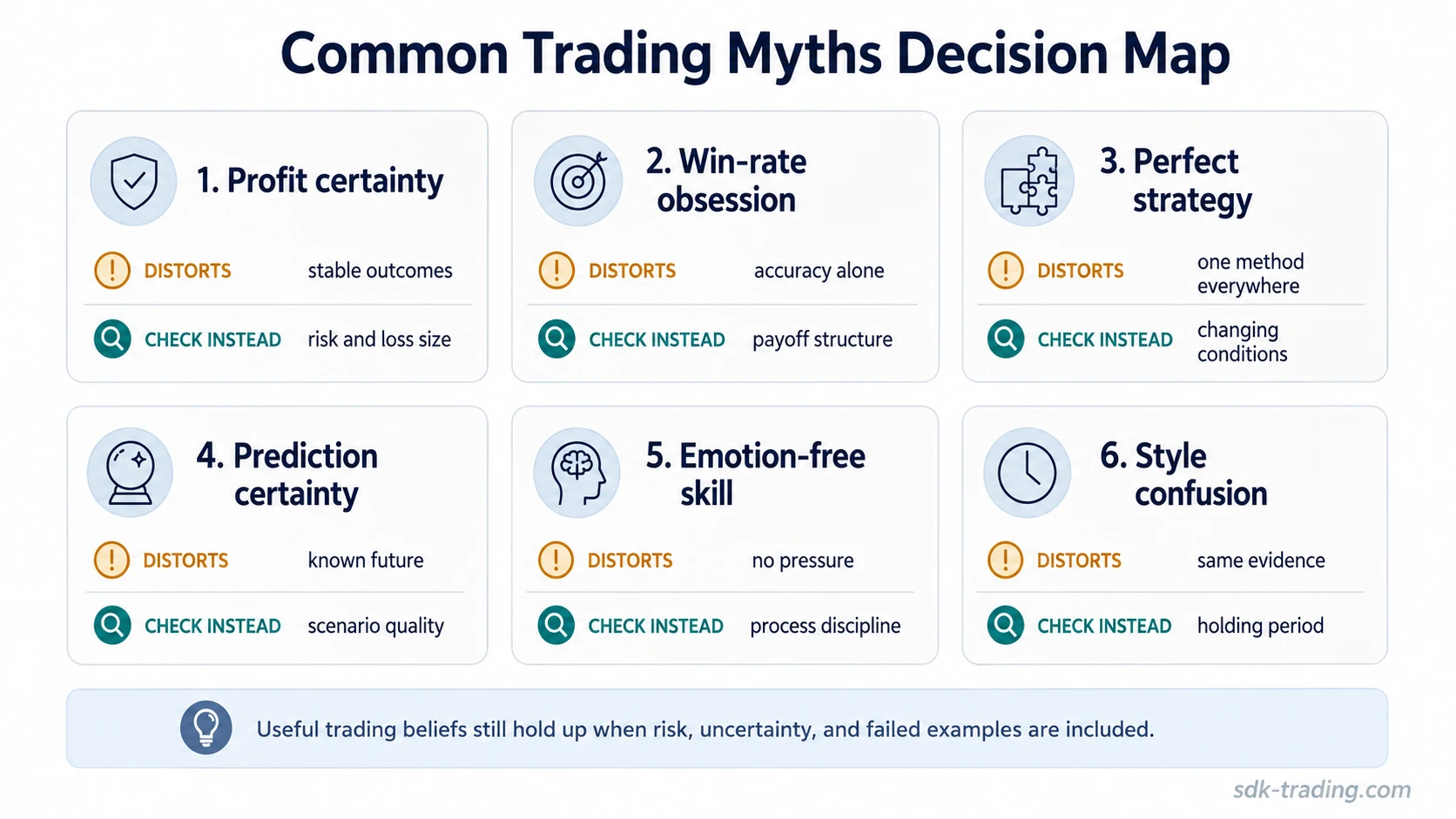 Six-card decision map showing common trading myths and what each myth distorts