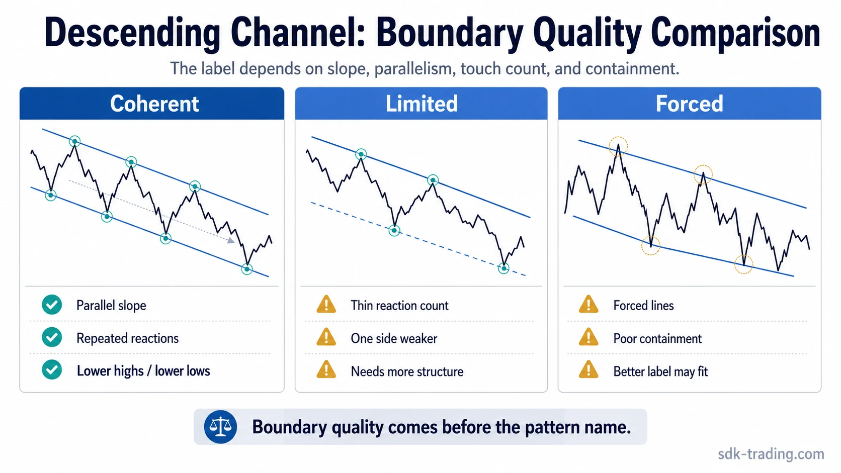 Three descending channel diagrams comparing coherent, limited, and forced boundary readings