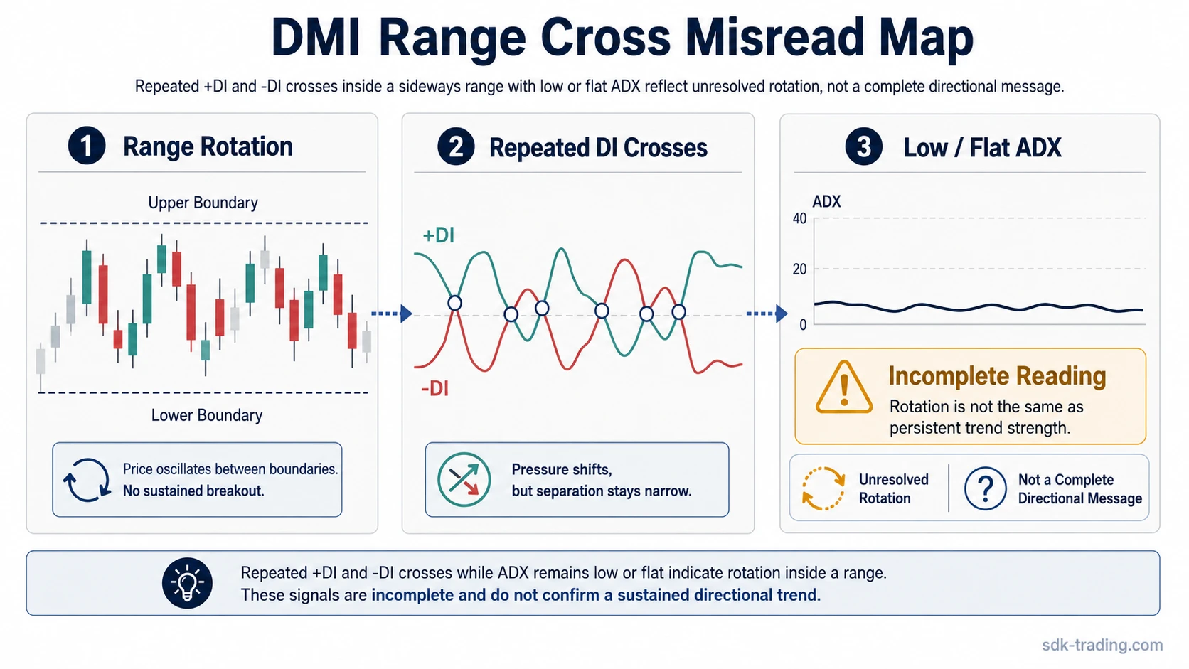 Directional movement index range example showing price rotating between boundaries, repeated +DI and -DI crosses, and low flat ADX.