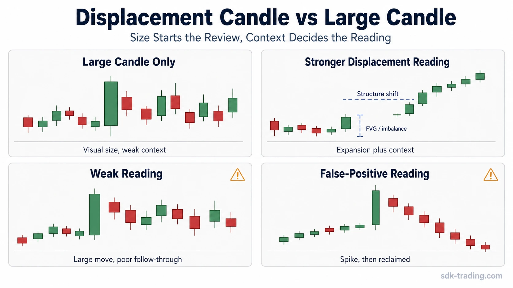 Displacement candle compared with a large candle, weak reading, and false-positive reading in simplified trading chart panels