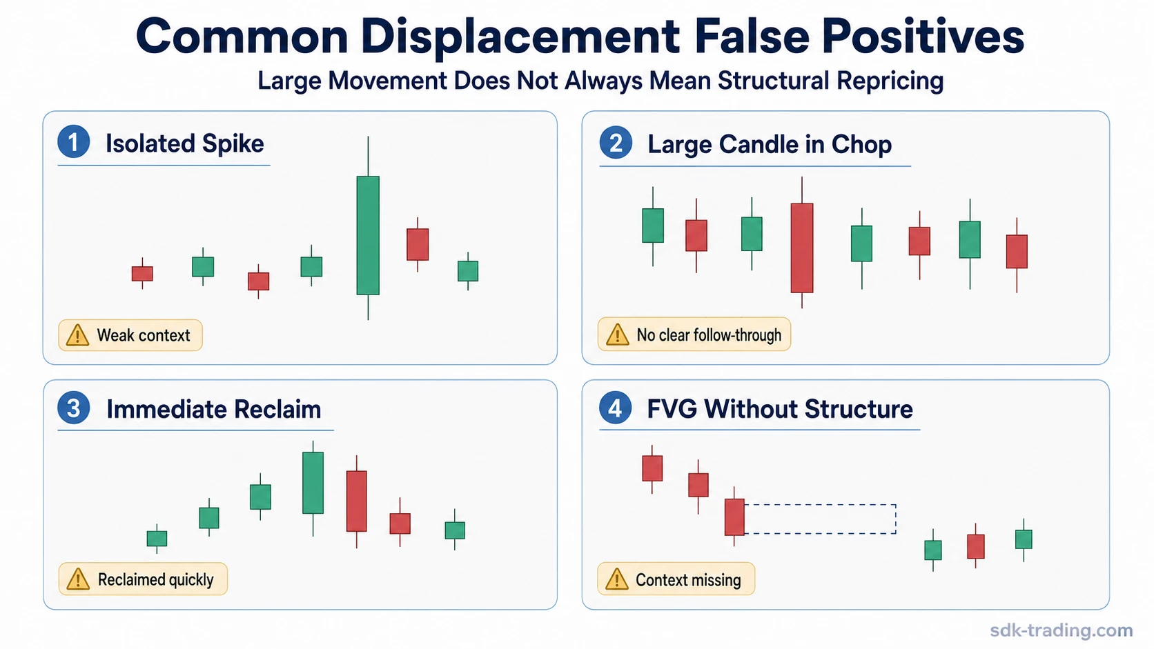 Common displacement false positives including isolated spike, large candle in chop, immediate reclaim, and FVG without structure
