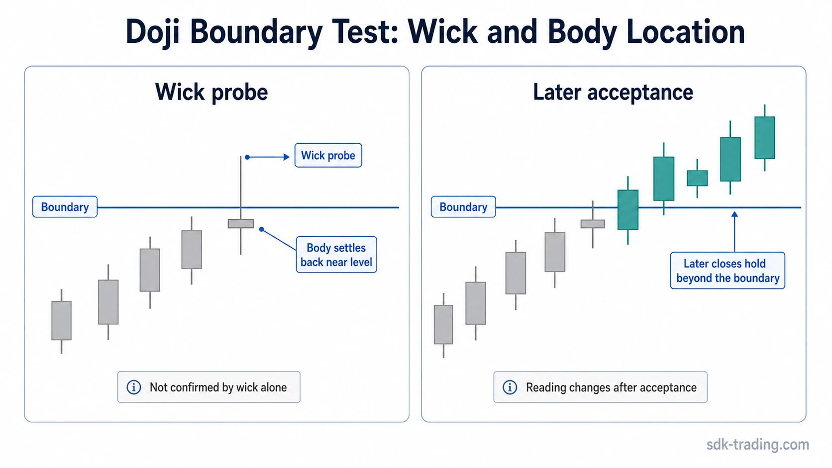 Doji candle near a support or resistance boundary comparing wick probe and later acceptance