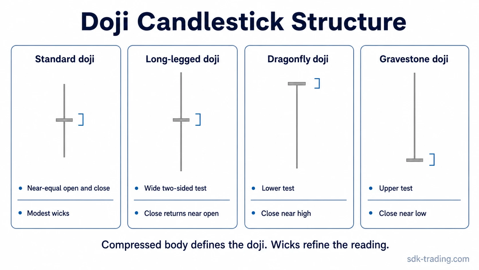Doji candlestick structure showing compressed open-close body and common wick variants