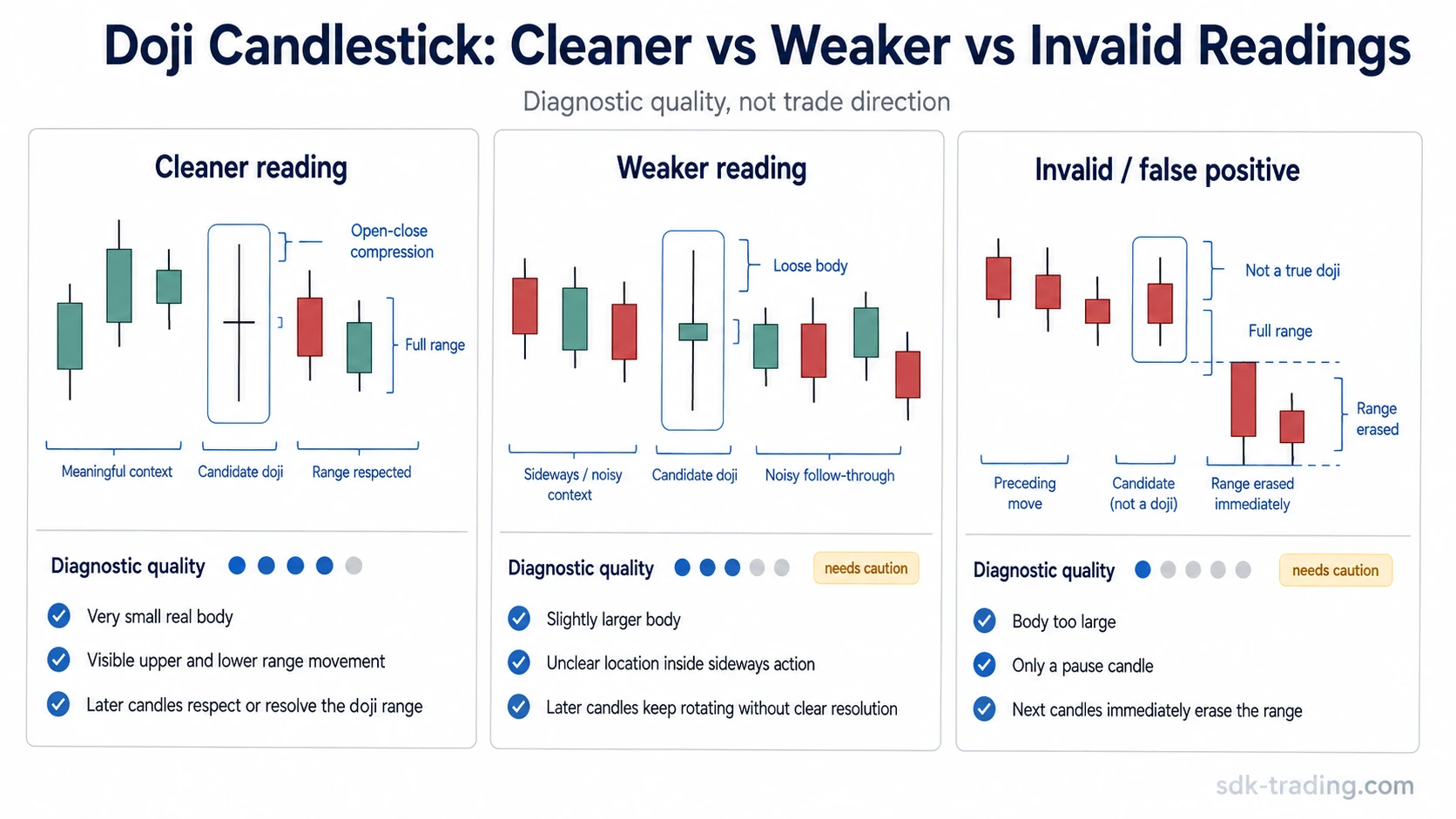 Clean, weak, and invalid doji candlestick readings based on open-close compression and later range behavior