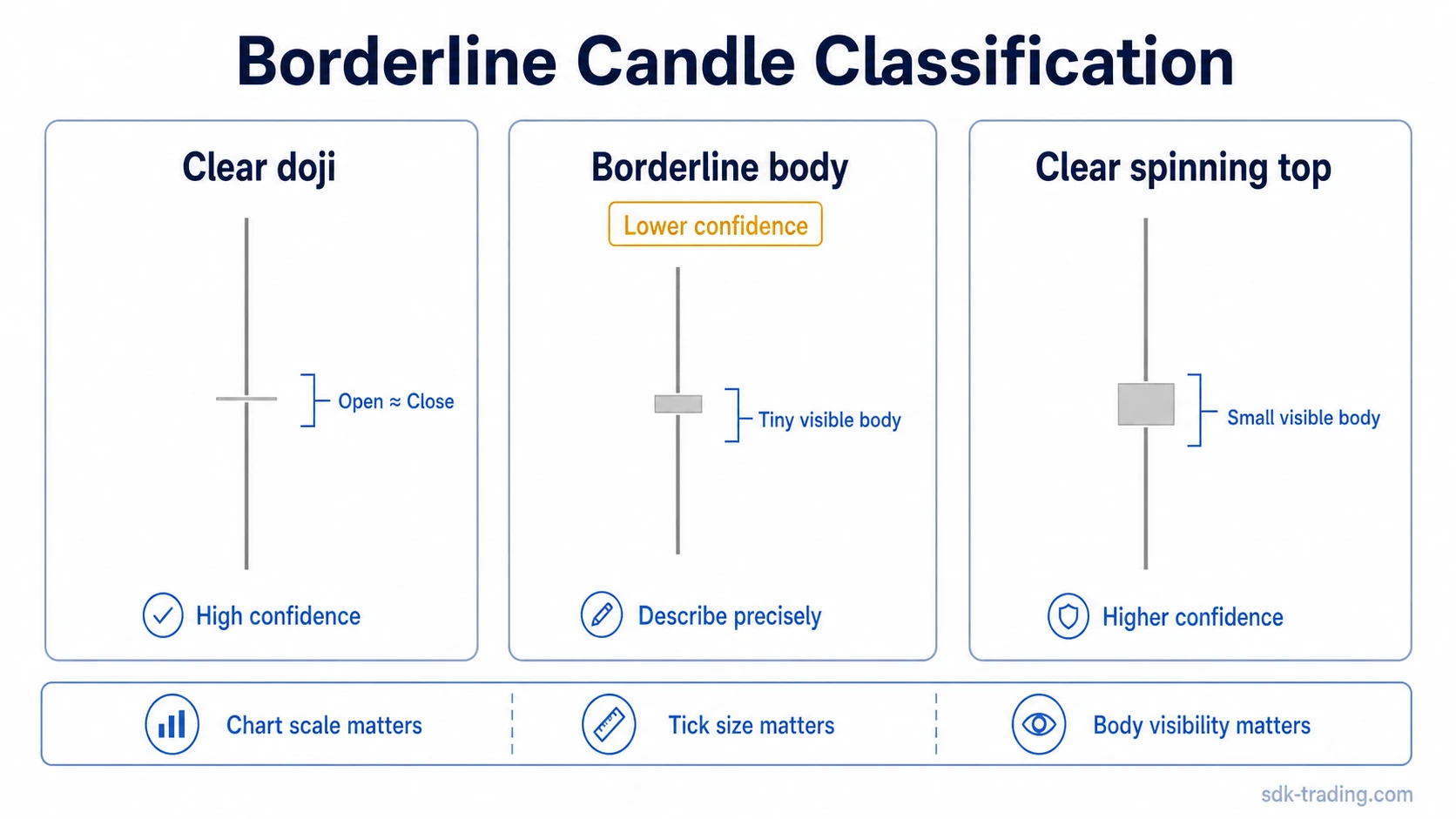 Clear doji, borderline small-body candle, and clear spinning top compared by body visibility