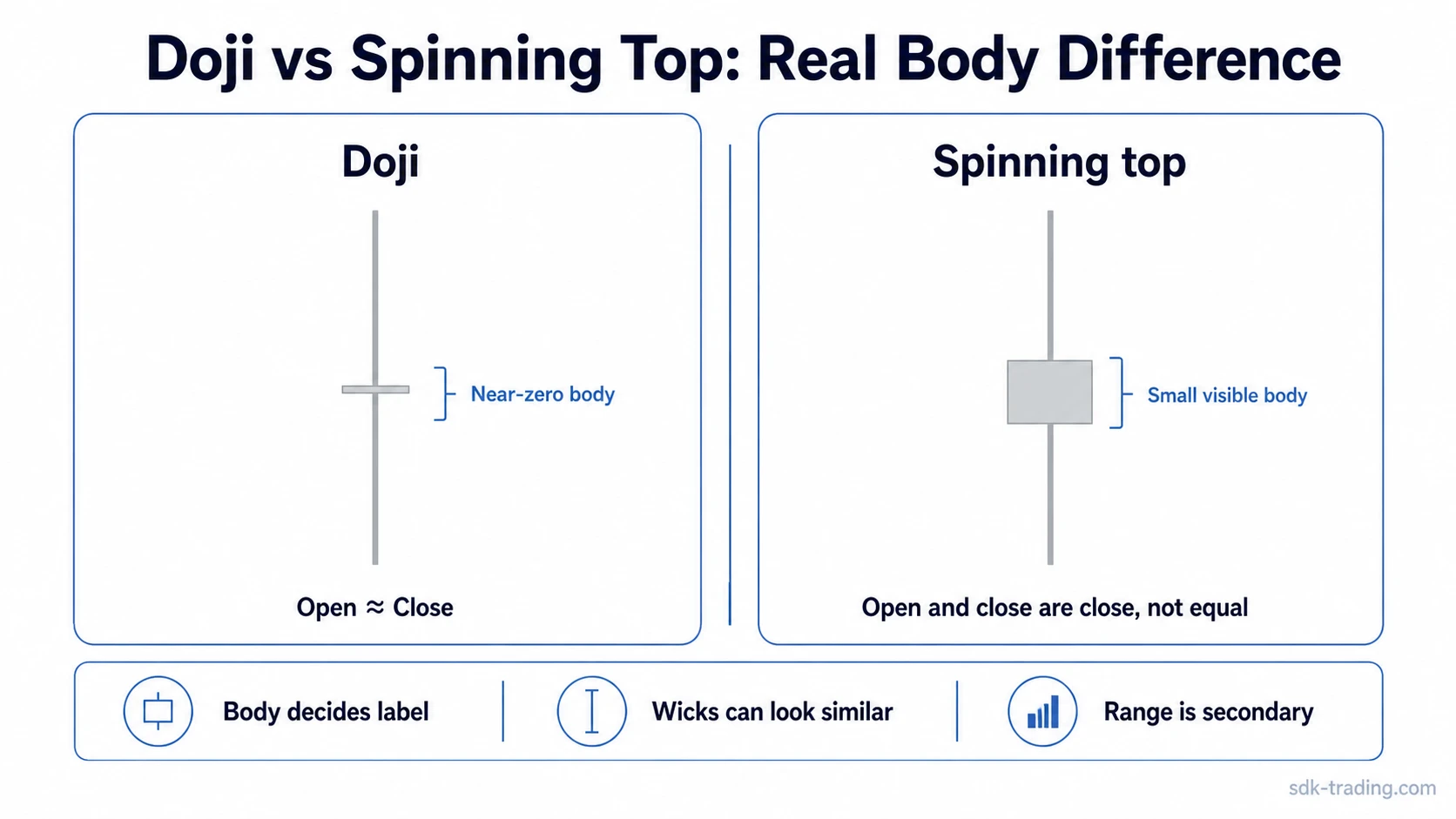 Doji and spinning top candlesticks compared by near-zero body versus small visible body