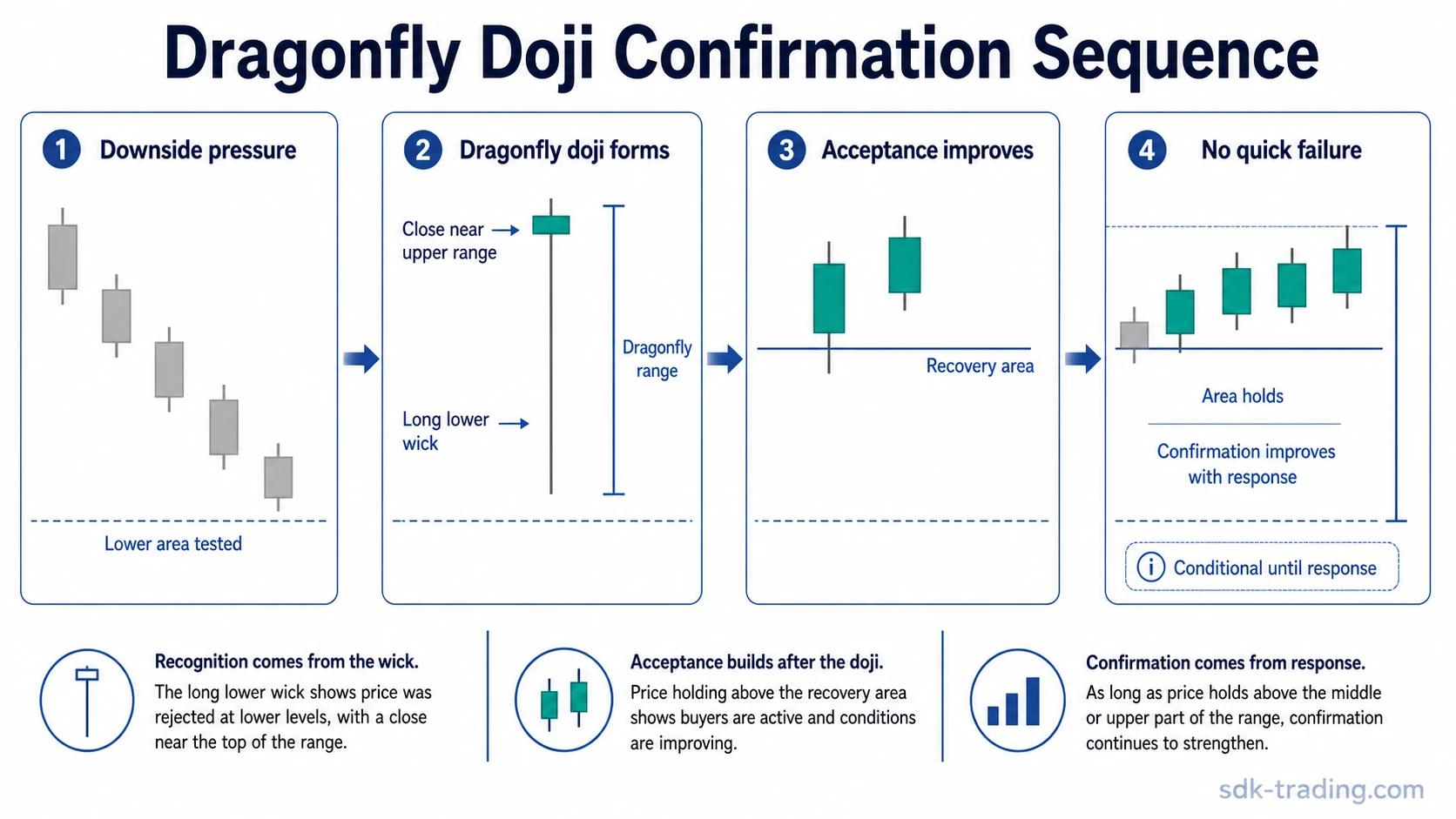 Dragonfly doji confirmation sequence showing lower-wick rejection, recovery-area acceptance, and no quick failure