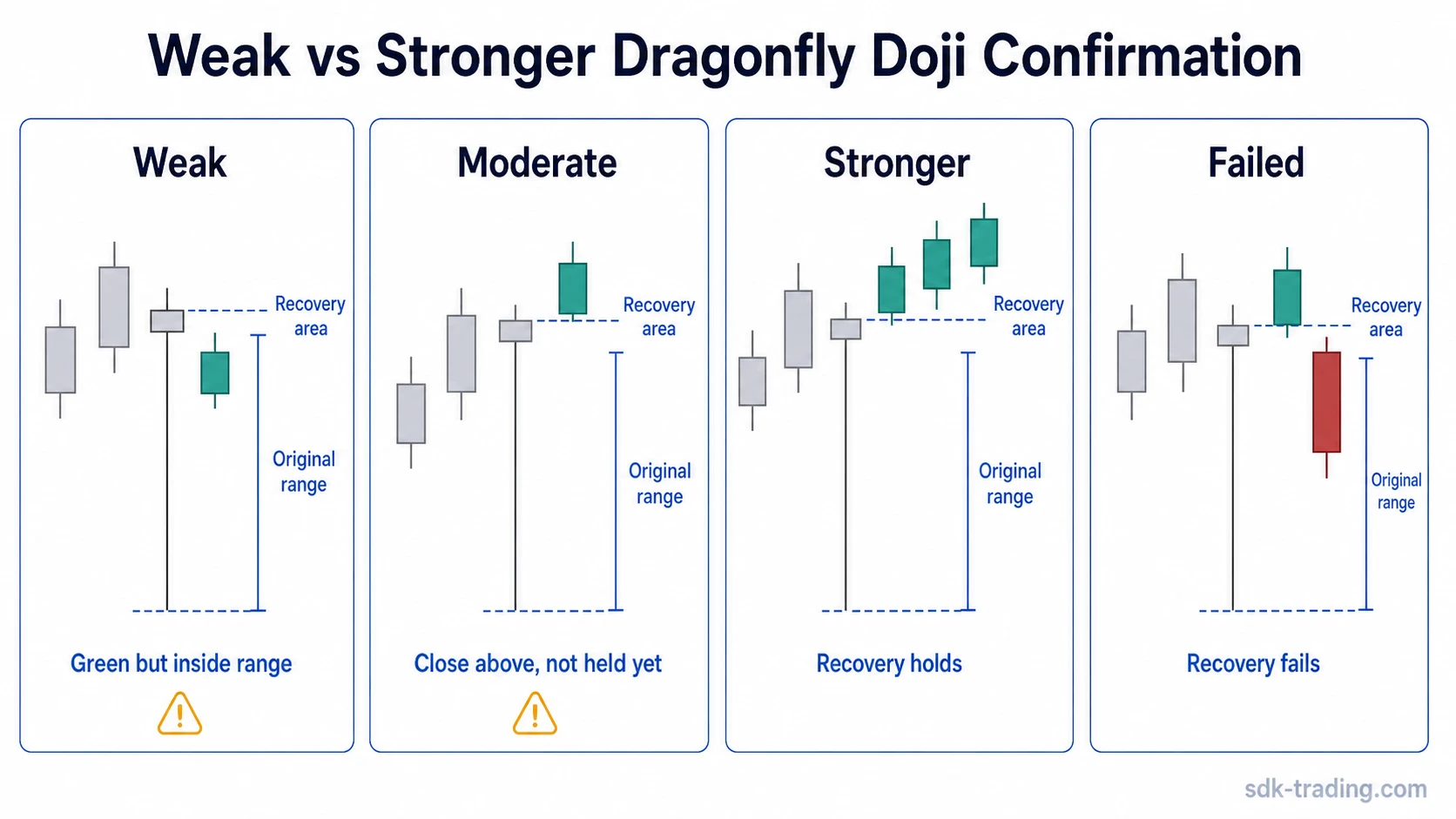 Weak, moderate, stronger, and failed dragonfly doji confirmation readings compared by later price behavior