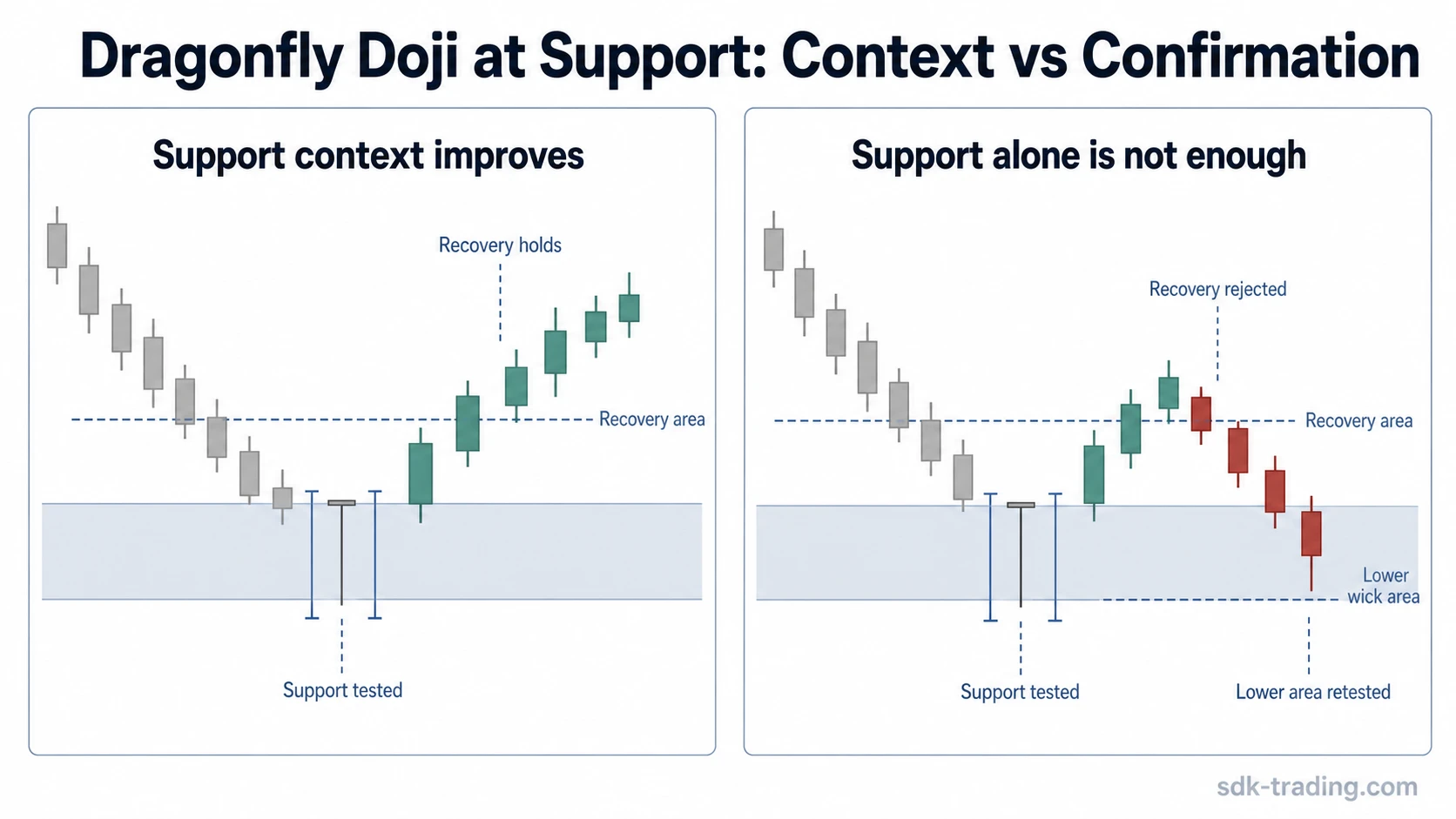 Dragonfly doji near support compared with held recovery and failed recovery back toward the lower wick area