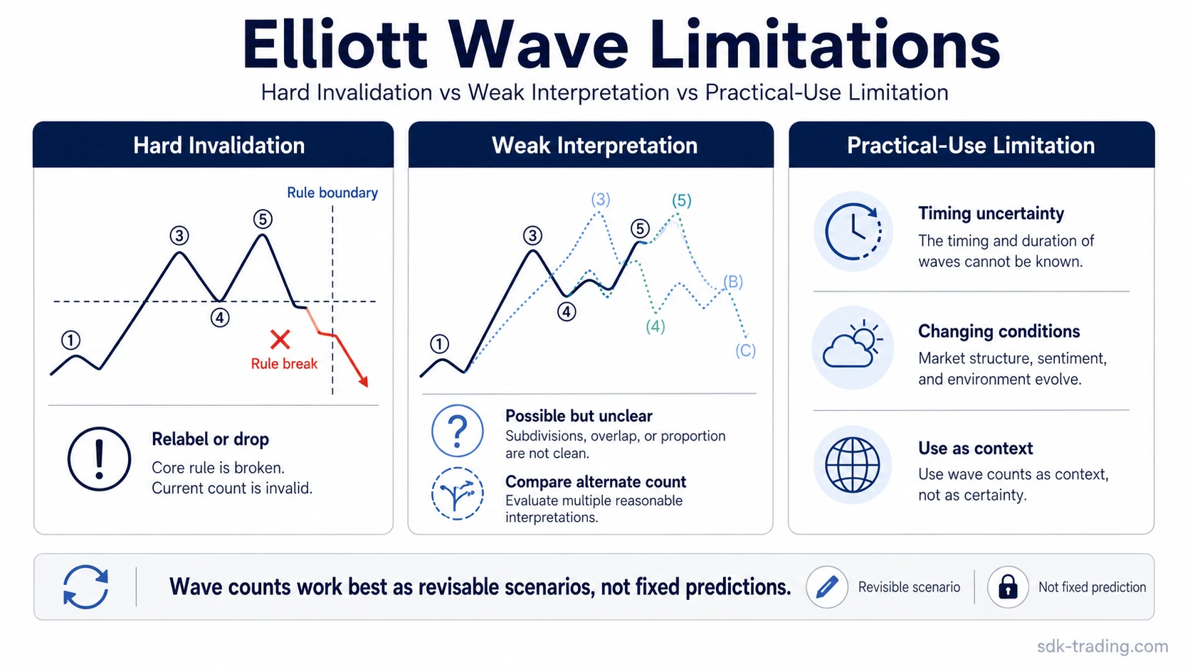 Elliott Wave limitations diagnostic map showing hard invalidation, weak interpretation, and practical-use limitation