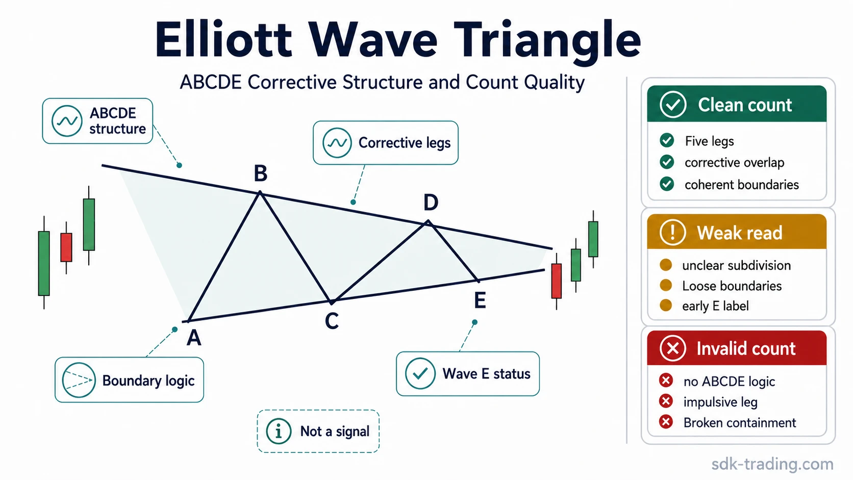 Elliott Wave triangle diagram showing ABCDE corrective legs, boundary lines, wave E status, and clean, weak, and invalid count classifications