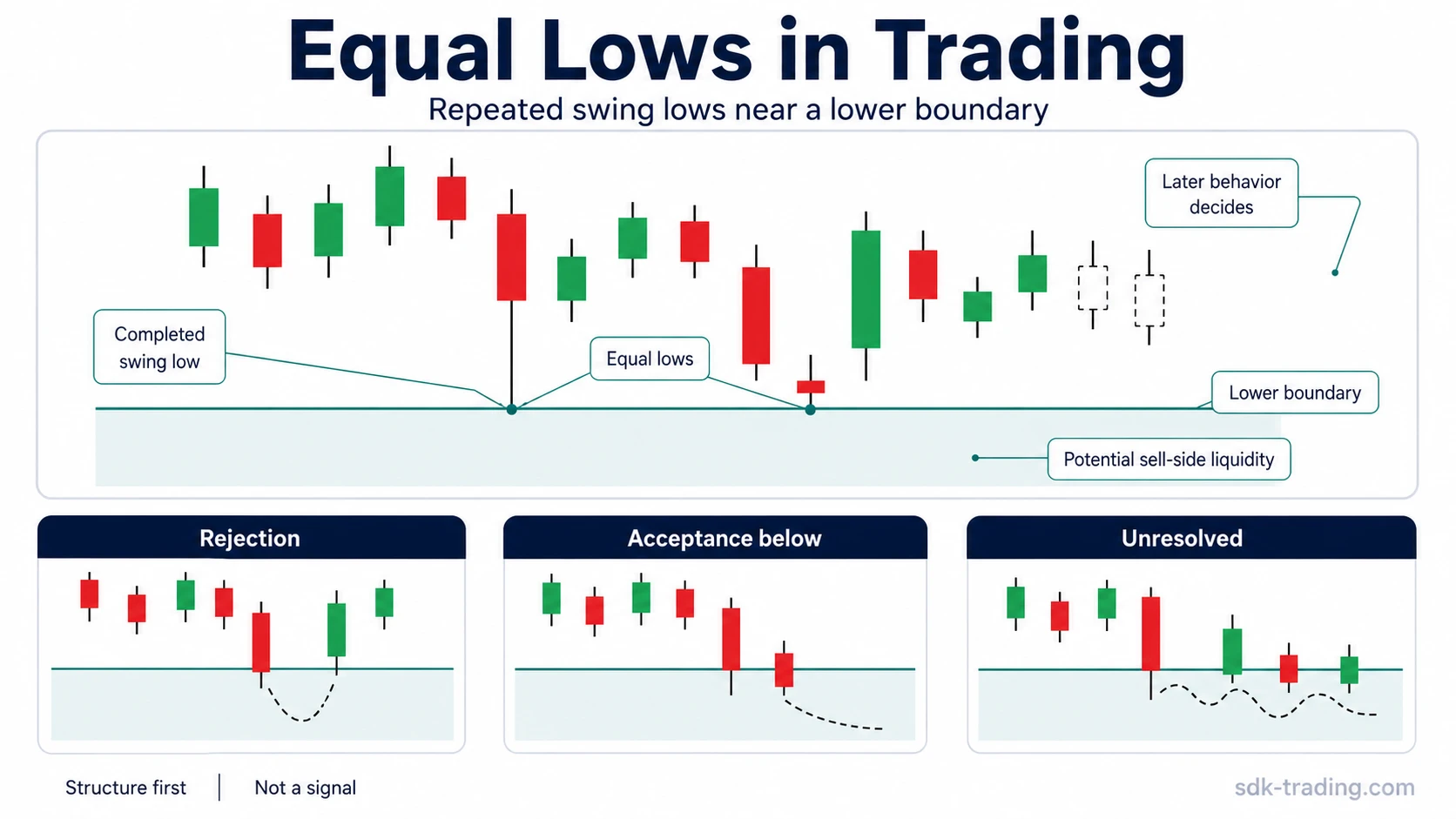 Equal lows diagram showing repeated swing lows near a lower boundary with potential sell-side liquidity below and neutral later behavior options.