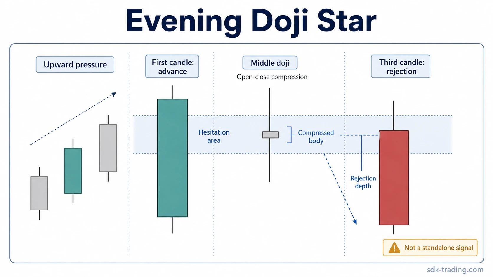 Evening Doji Star anatomy showing upward pressure, a compressed middle doji, and third-candle rejection