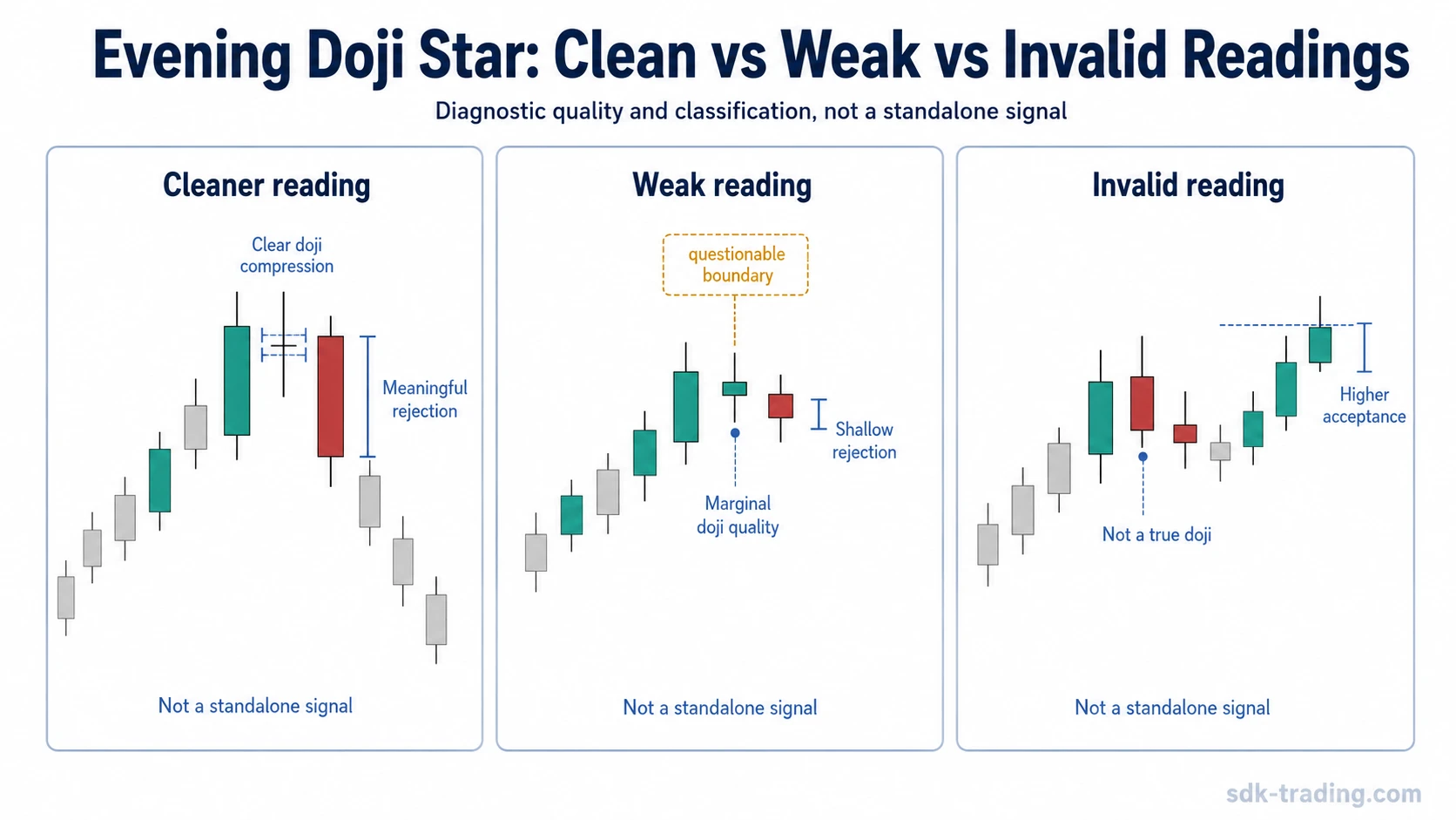 Evening Doji Star comparison showing cleaner, weak, and invalid candlestick readings