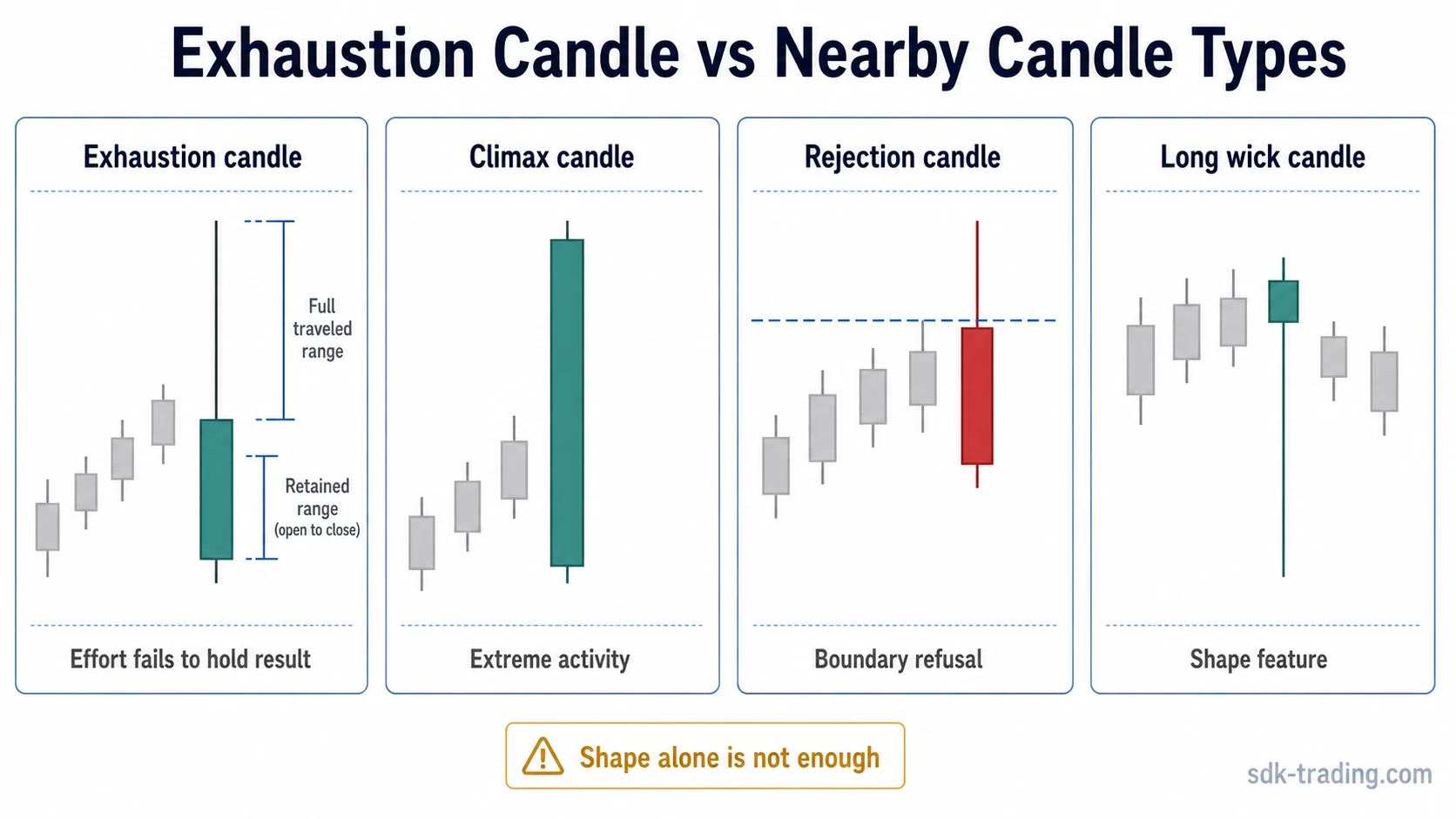 Comparison of exhaustion candle, climax candle, rejection candle, and long wick candle