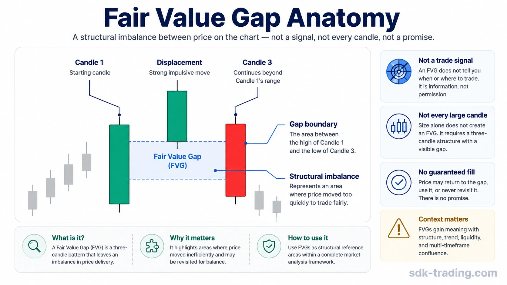 Fair value gap anatomy showing candle 1, a displacement candle, candle 3, and the visible boundary between candle 1 and candle 3.