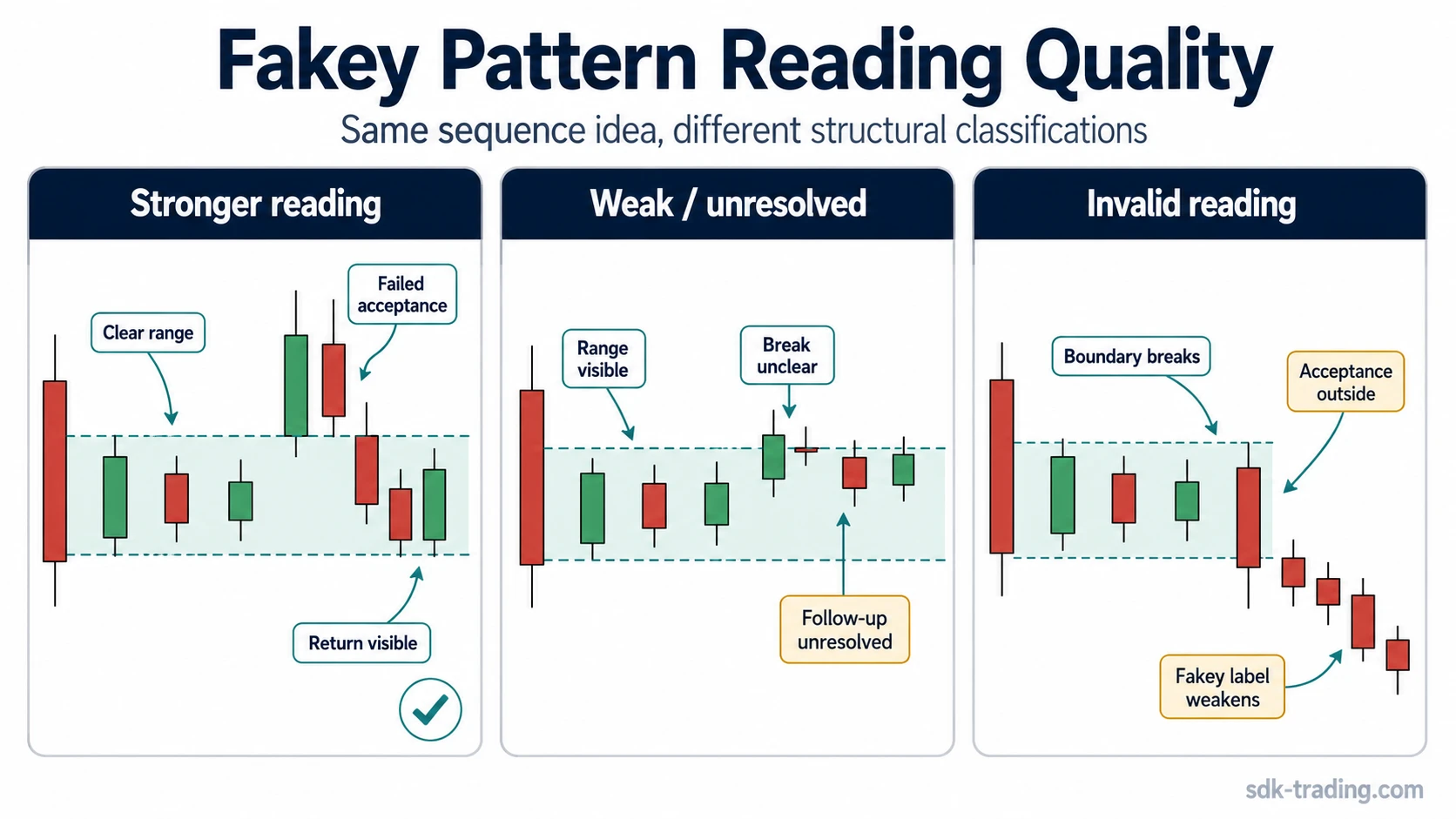 Fakey pattern reading quality comparison showing stronger, weak or unresolved, and invalid structural readings around an inside-bar false breakout.
