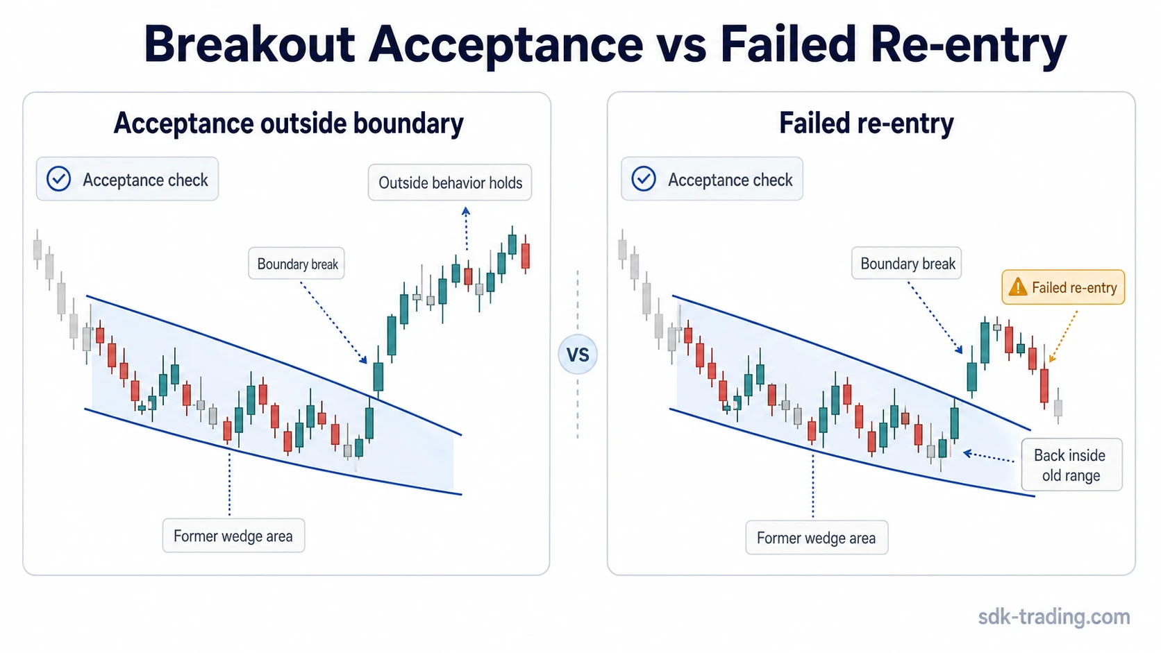 Falling wedge breakout acceptance compared with failed re-entry back into the old compression area