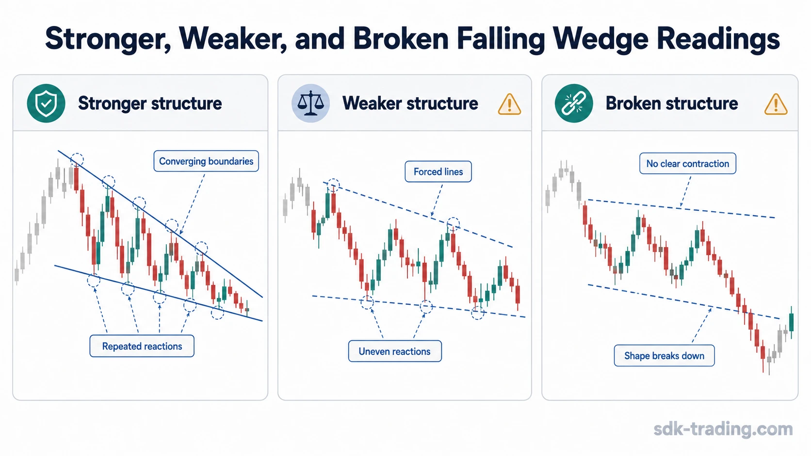 Three falling wedge readings comparing stronger contraction, weaker forced lines, and broken structure