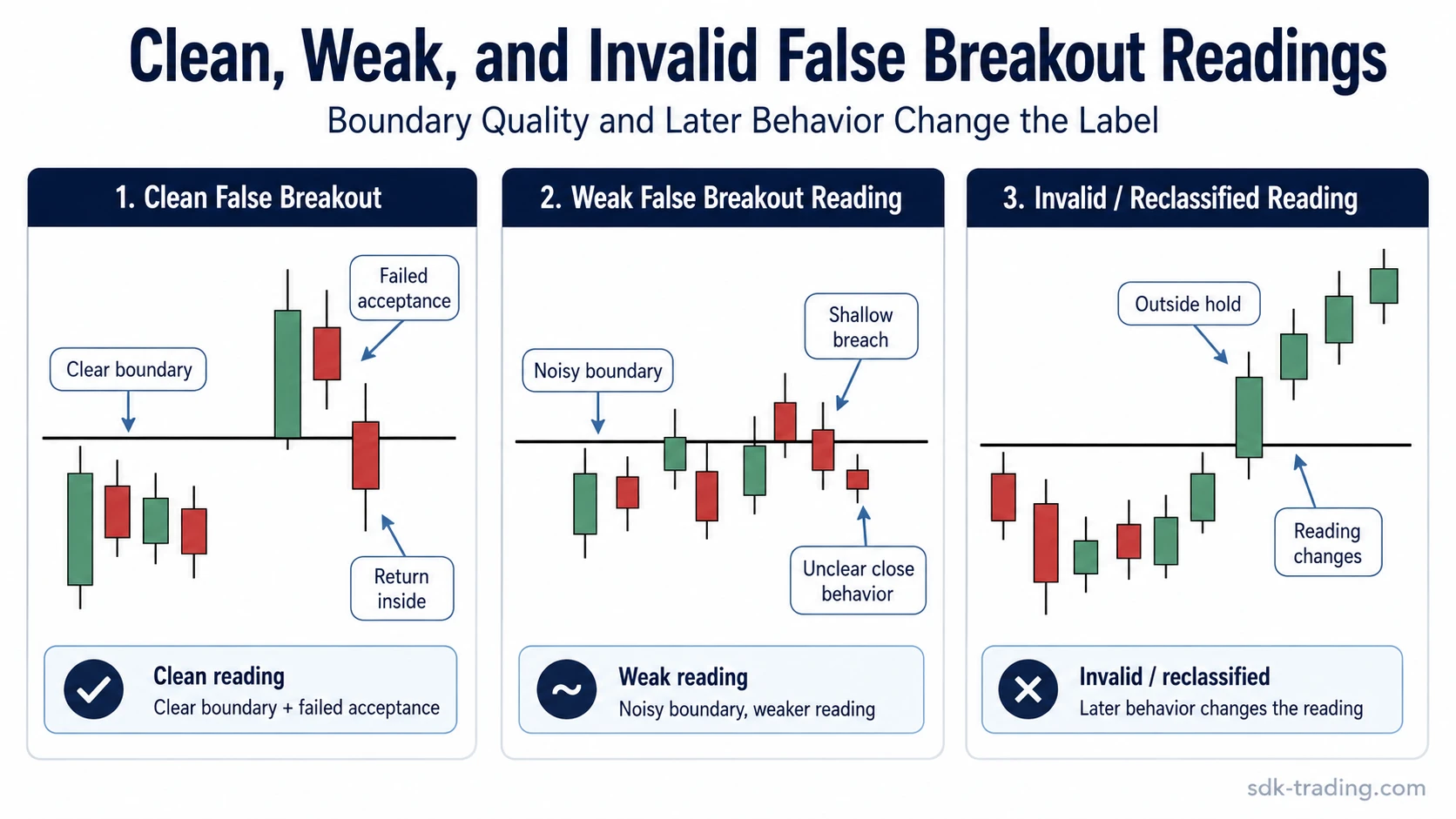 Three-panel diagram comparing clean, weak, and invalid false breakout readings around a trading boundary.