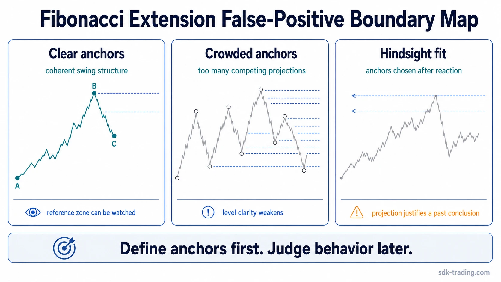 Fibonacci extension anchor comparison with clear anchors, crowded projections, and hindsight-fitted levels