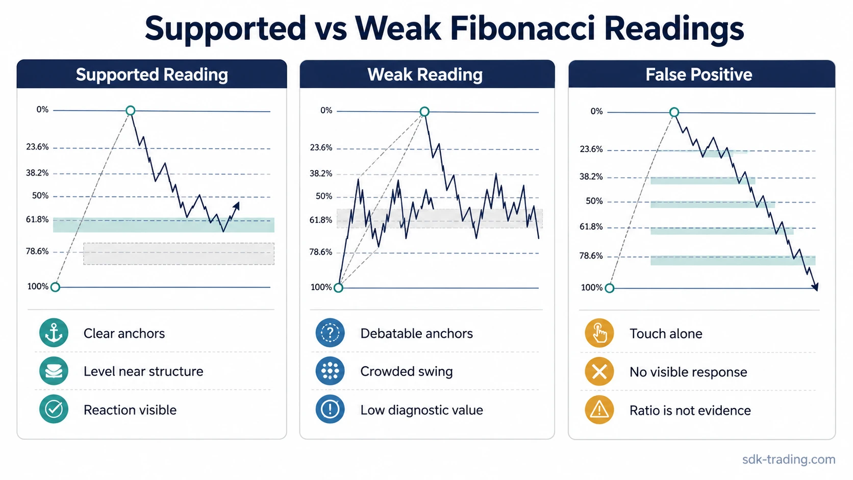 Three Fibonacci retracement examples comparing supported, weak, and false-positive level readings
